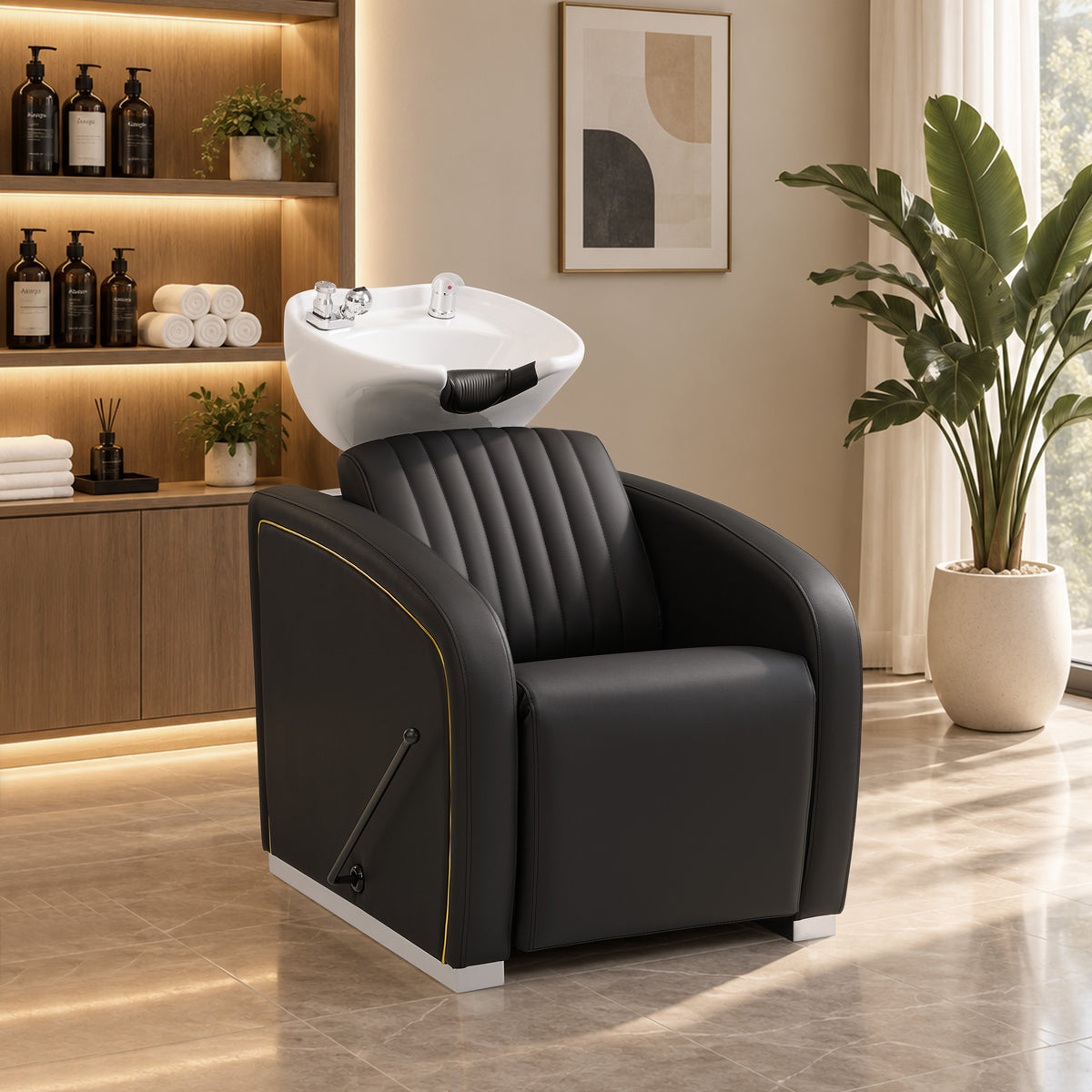 BarberPub Shampoo Bowl and Chair Set, Mold-resistant PVC Leather, 9718