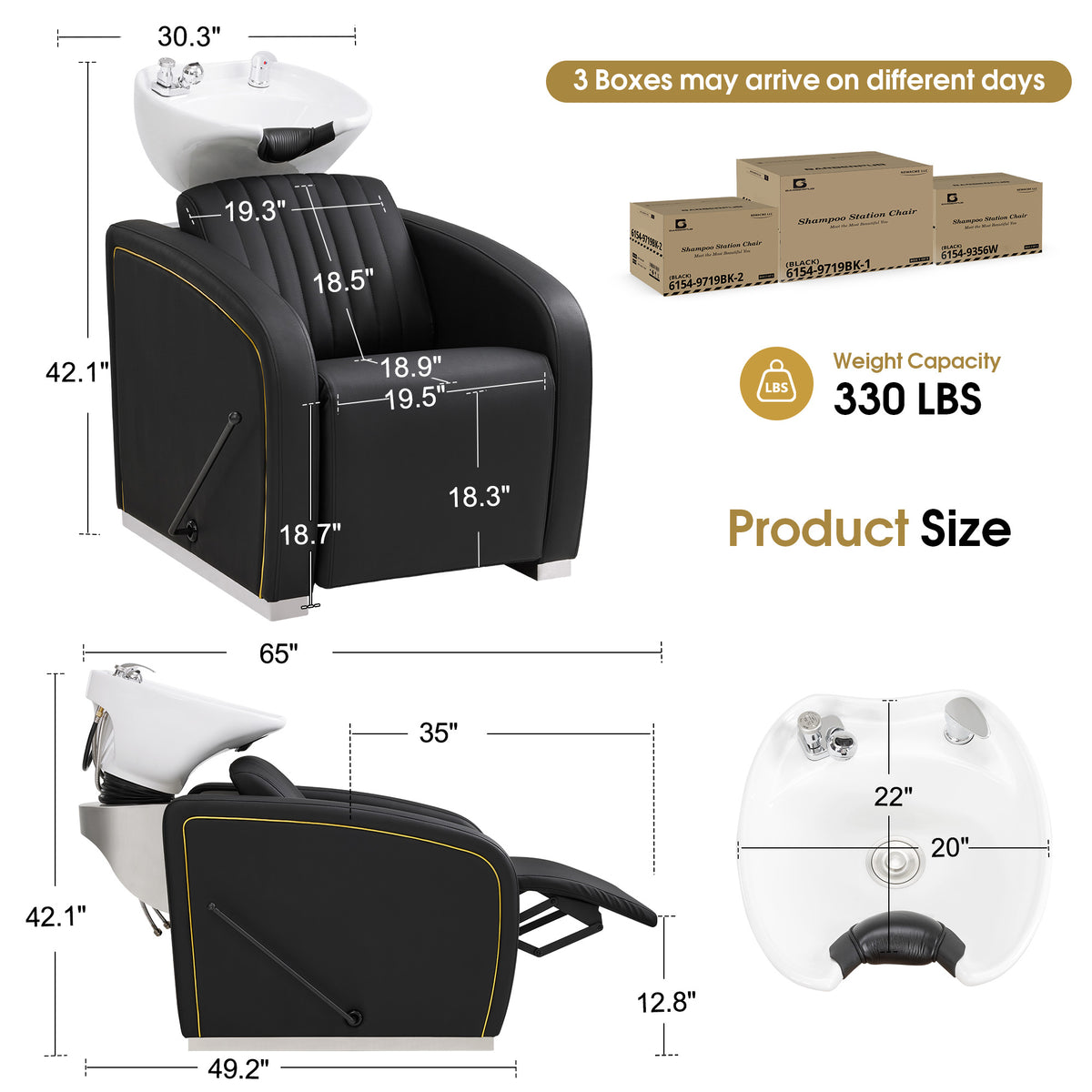 BarberPub Shampoo Bowl and Chair Set, Mold-resistant PVC Leather, 9718