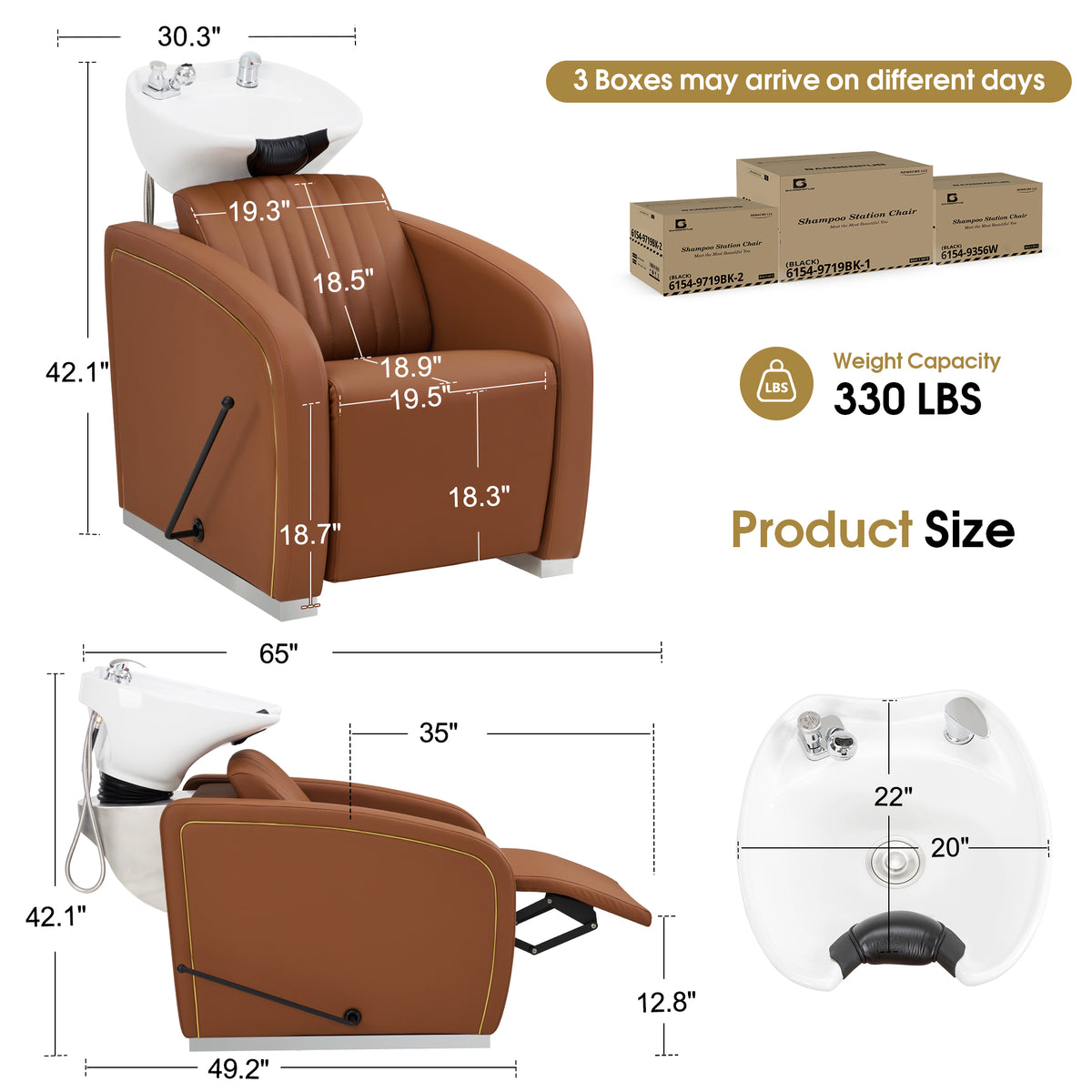 BarberPub Shampoo Bowl and Chair Set, Mold-resistant PVC Leather, 9718