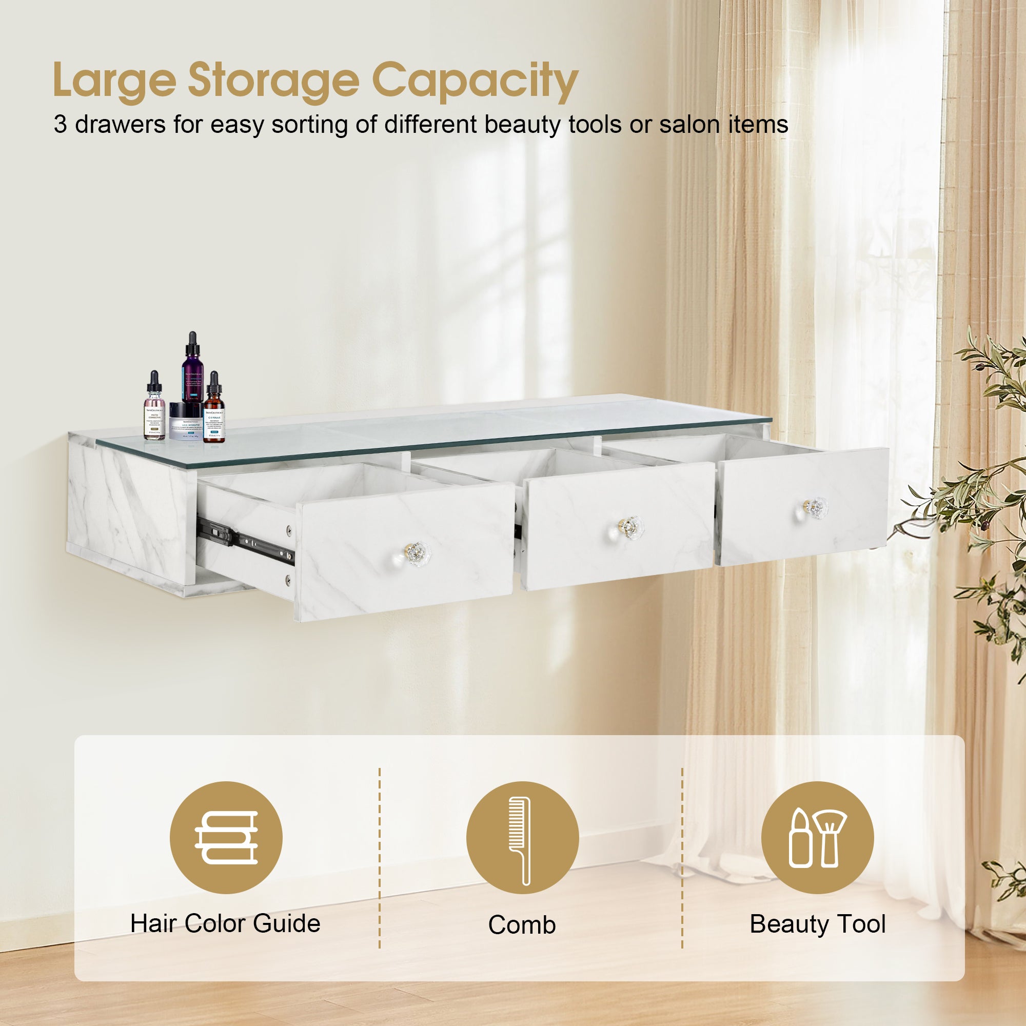 Beauty Wall Mount Station with Stroage Drawers & Glass Top, Modern Hair Salon Station 2200