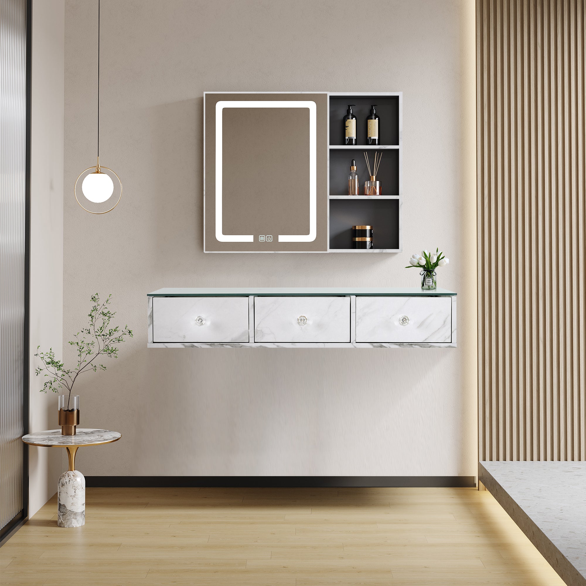 Beauty Wall Mount Station with Stroage Drawers & Glass Top, Modern Hair Salon Station 2200
