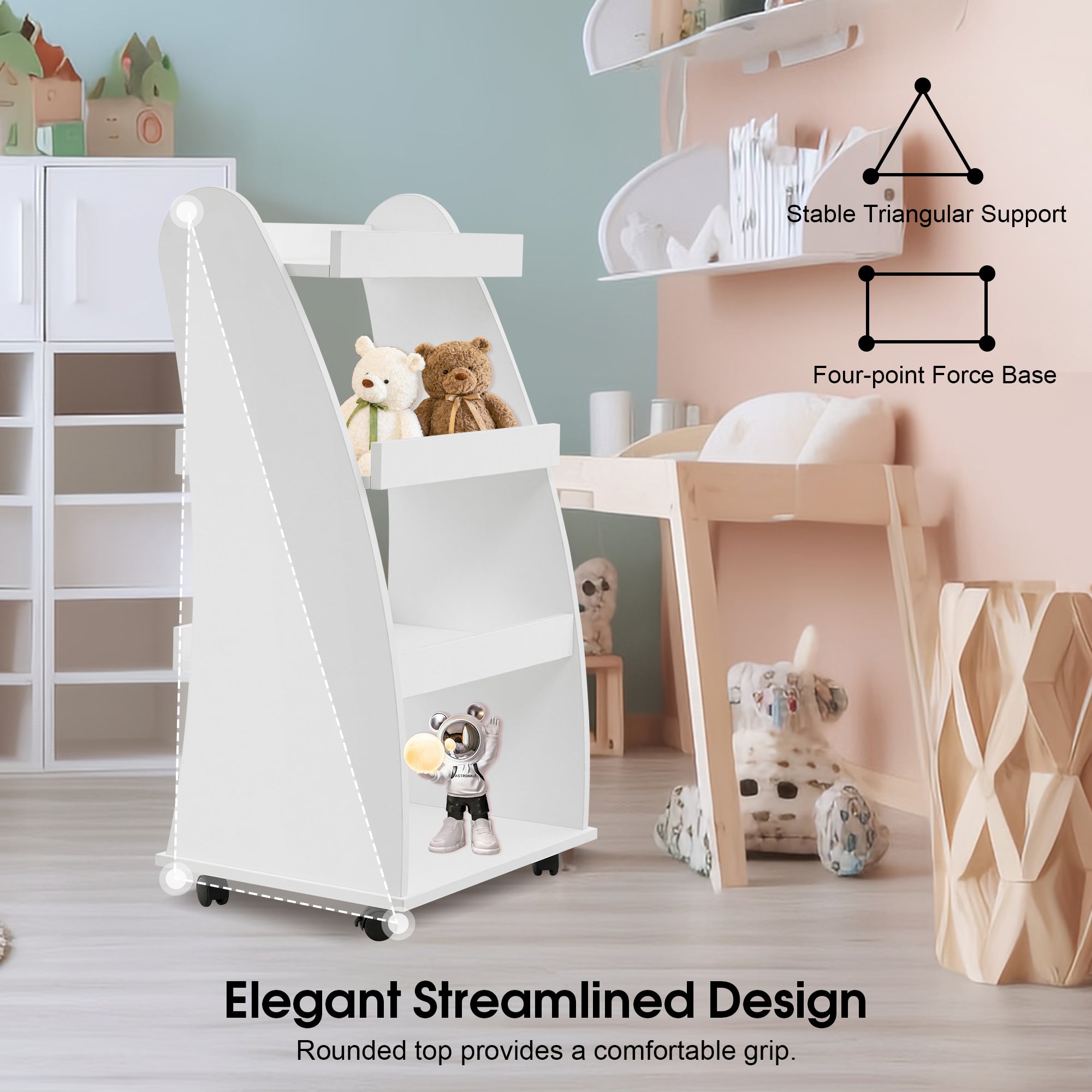 4-Tier Kids Bookshelf Rolling Cart for Storage, Children's Bookcases Organizer 2030