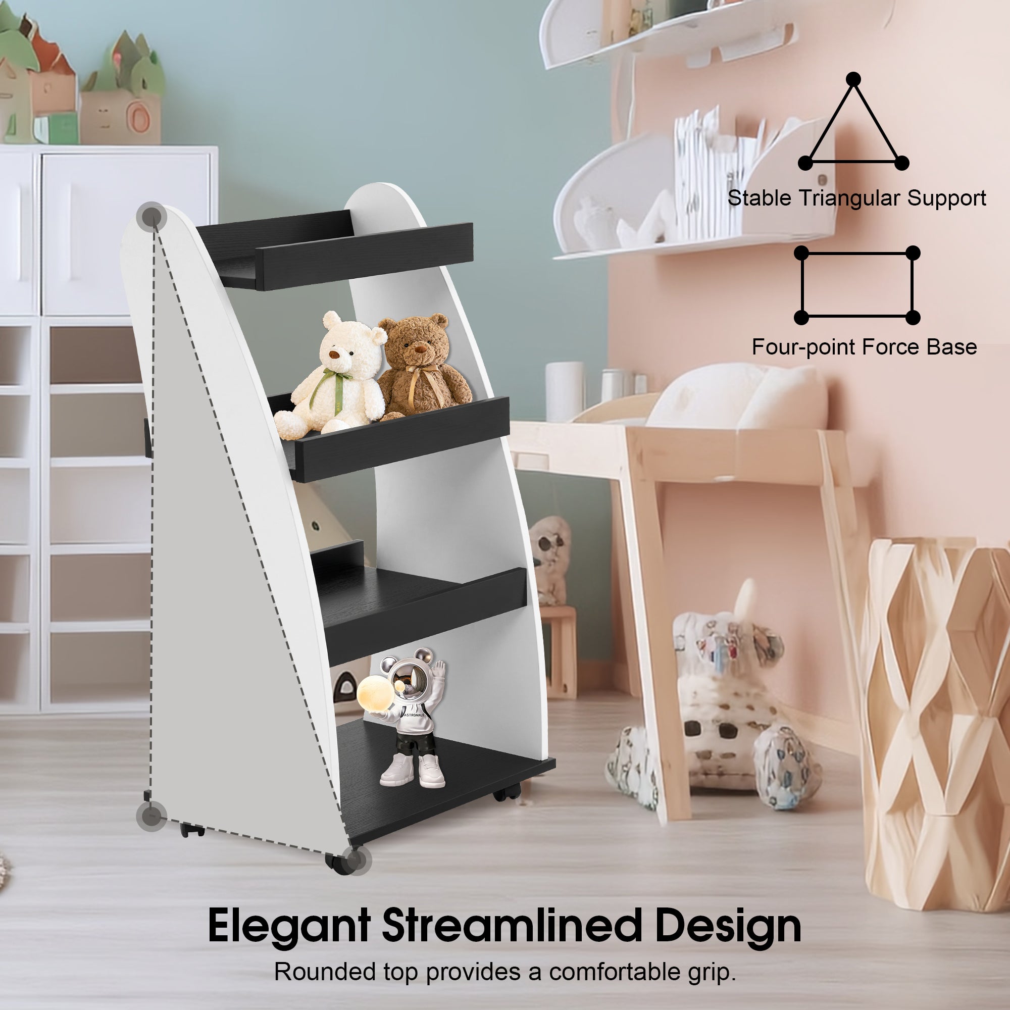 4-Tier Kids Bookshelf Rolling Cart for Storage, Children's Bookcases Organizer 2030