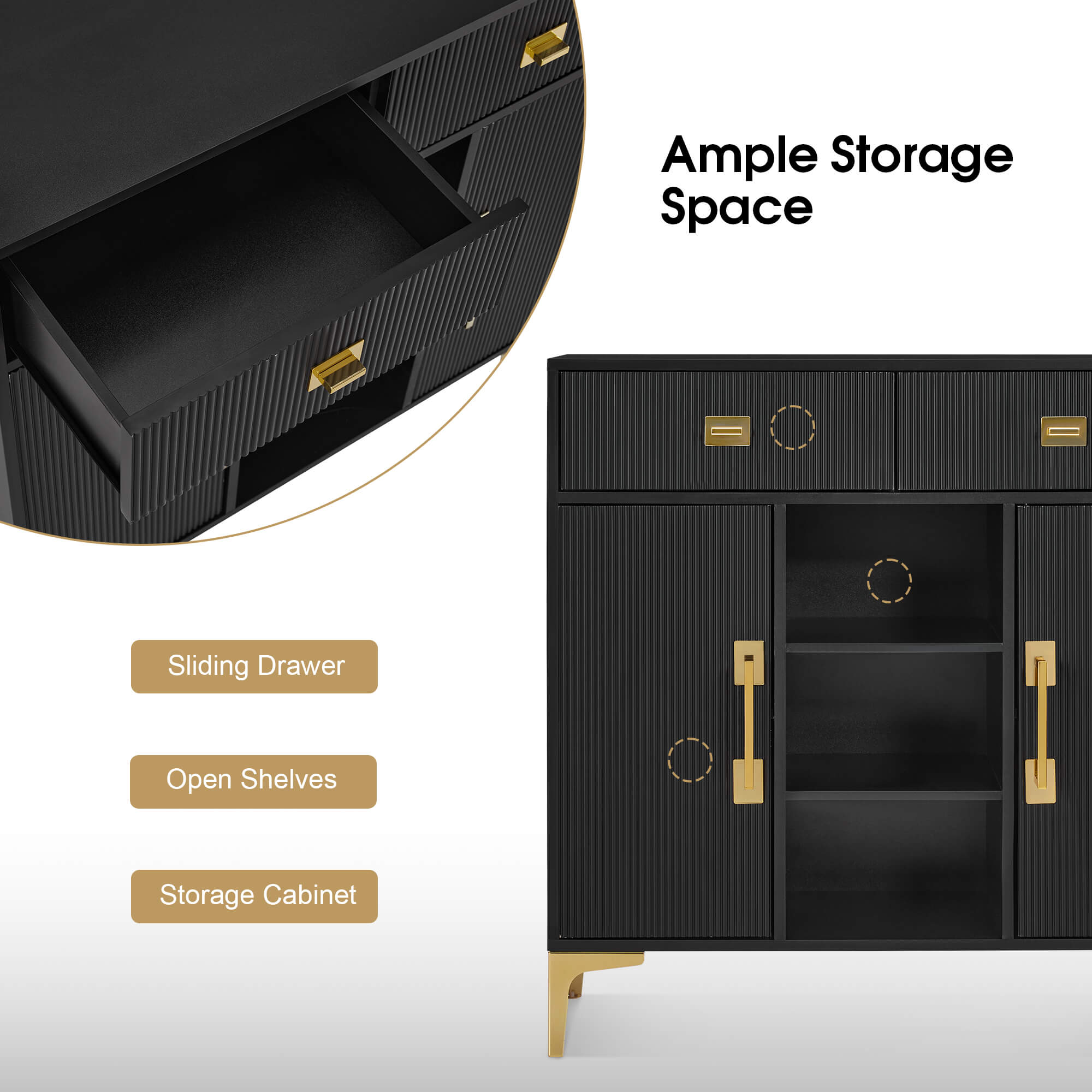 Black Fluted Freestanding Barber Station with Storage Drawers & Cabinet & Open Space 3161