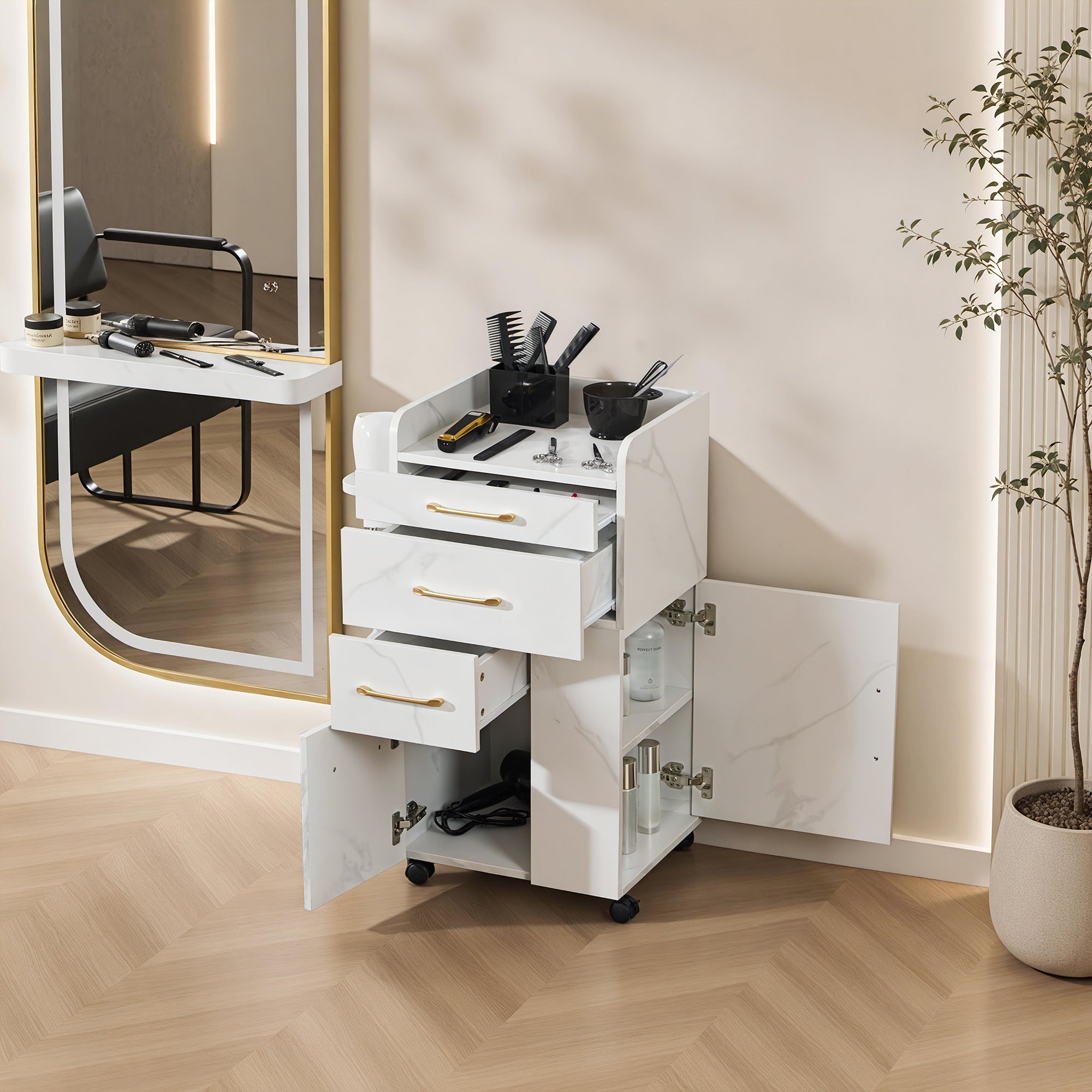 BarberPub Salon Trolley with Cabinets and tool holders, Barber Storage Utility Cart 2053