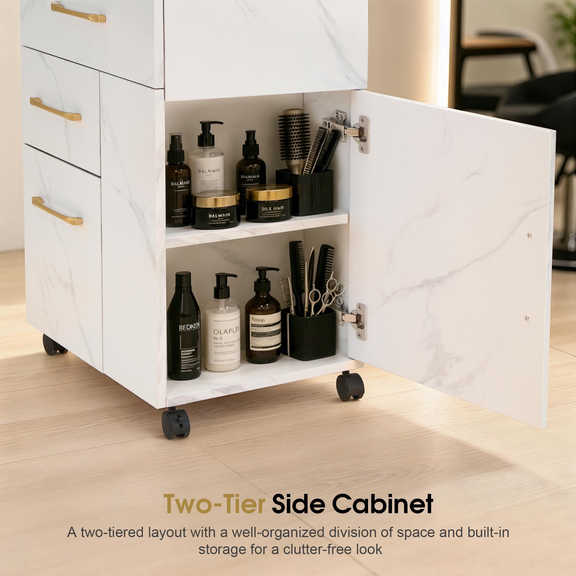 BarberPub Salon Trolley with Cabinets and tool holders, Barber Storage Utility Cart 2053