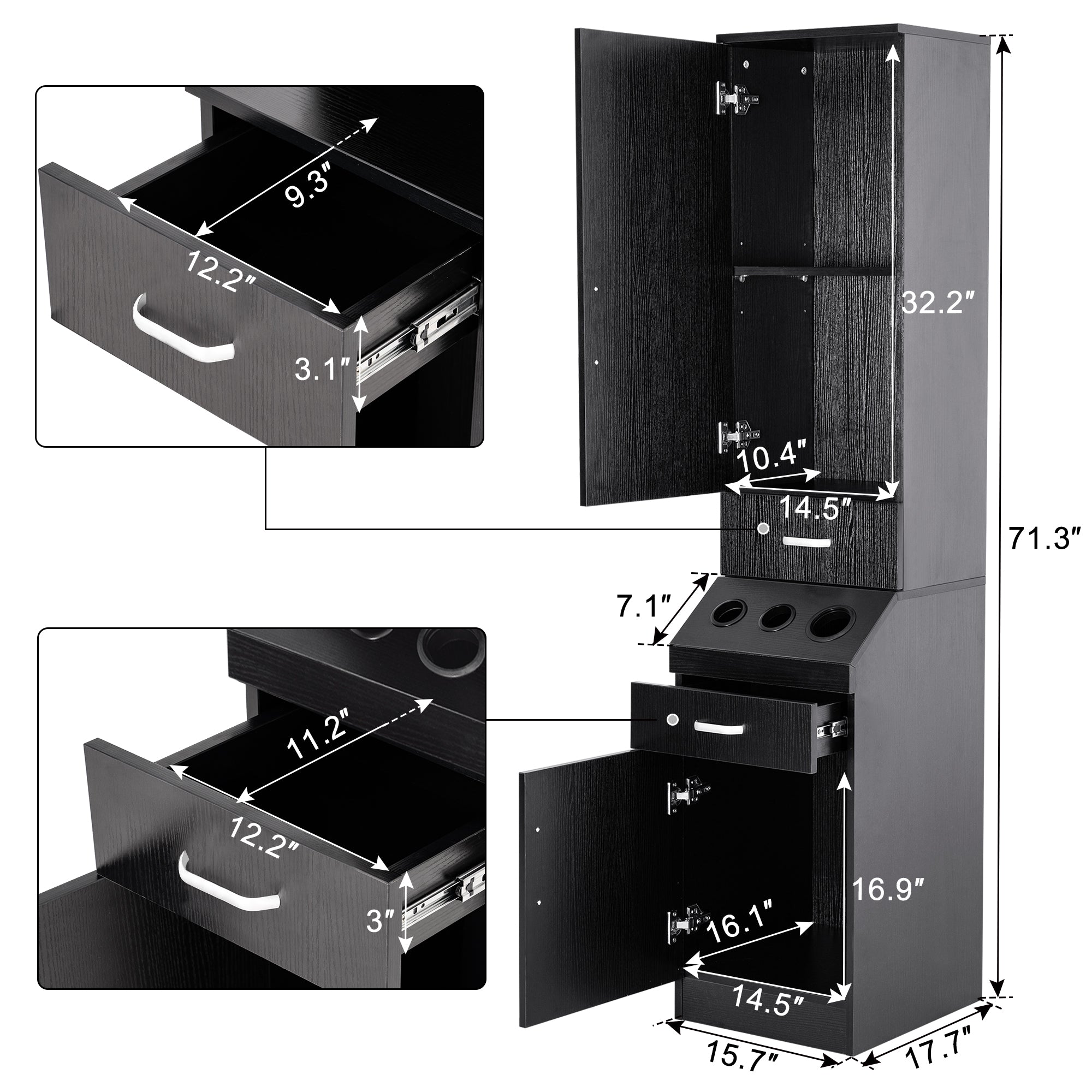 Wall Mount Styling Station for Storage, Black Barber Salon Equipment with Hair Dryer Holder 3207