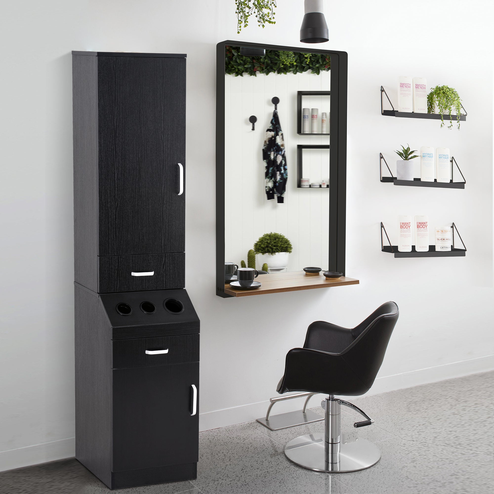 Wall Mount Styling Station for Storage, Black Barber Salon Equipment with Hair Dryer Holder 3207