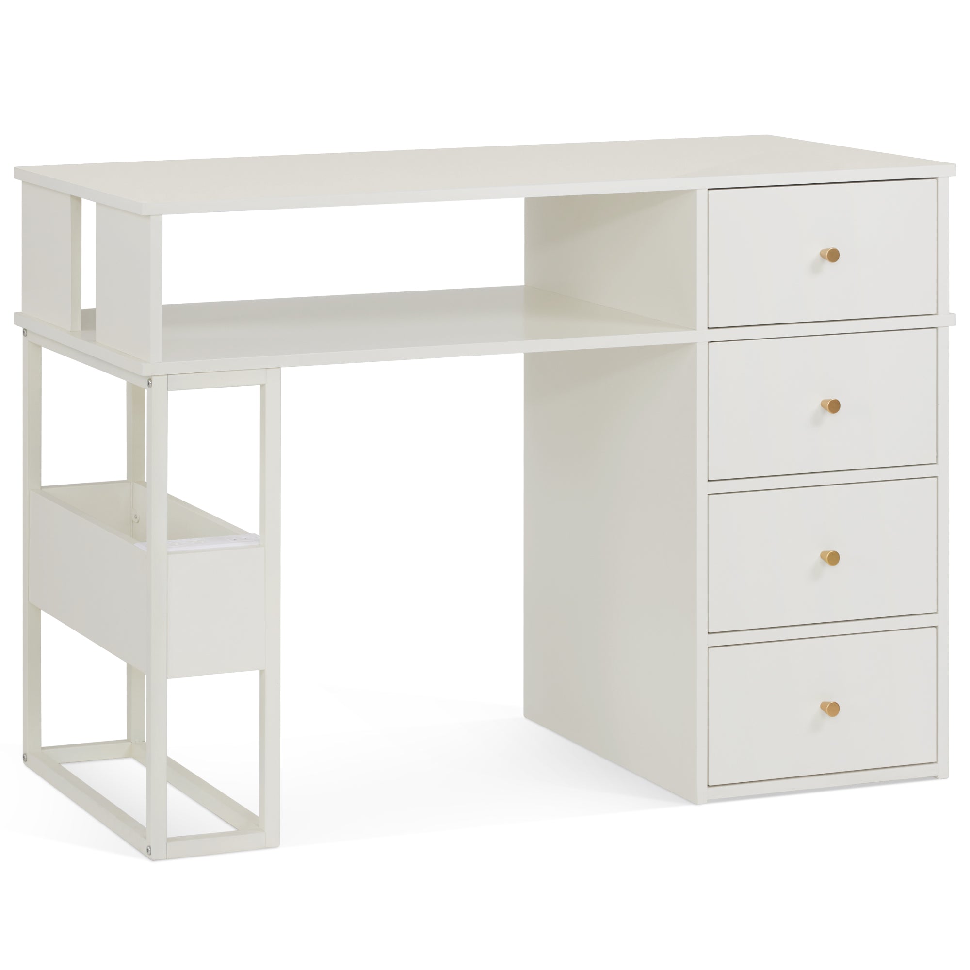 Cream White Nail Tech Desk with Built-In Storage, AC Outlets & USB Ports, Modern Manicure Equipment 2993