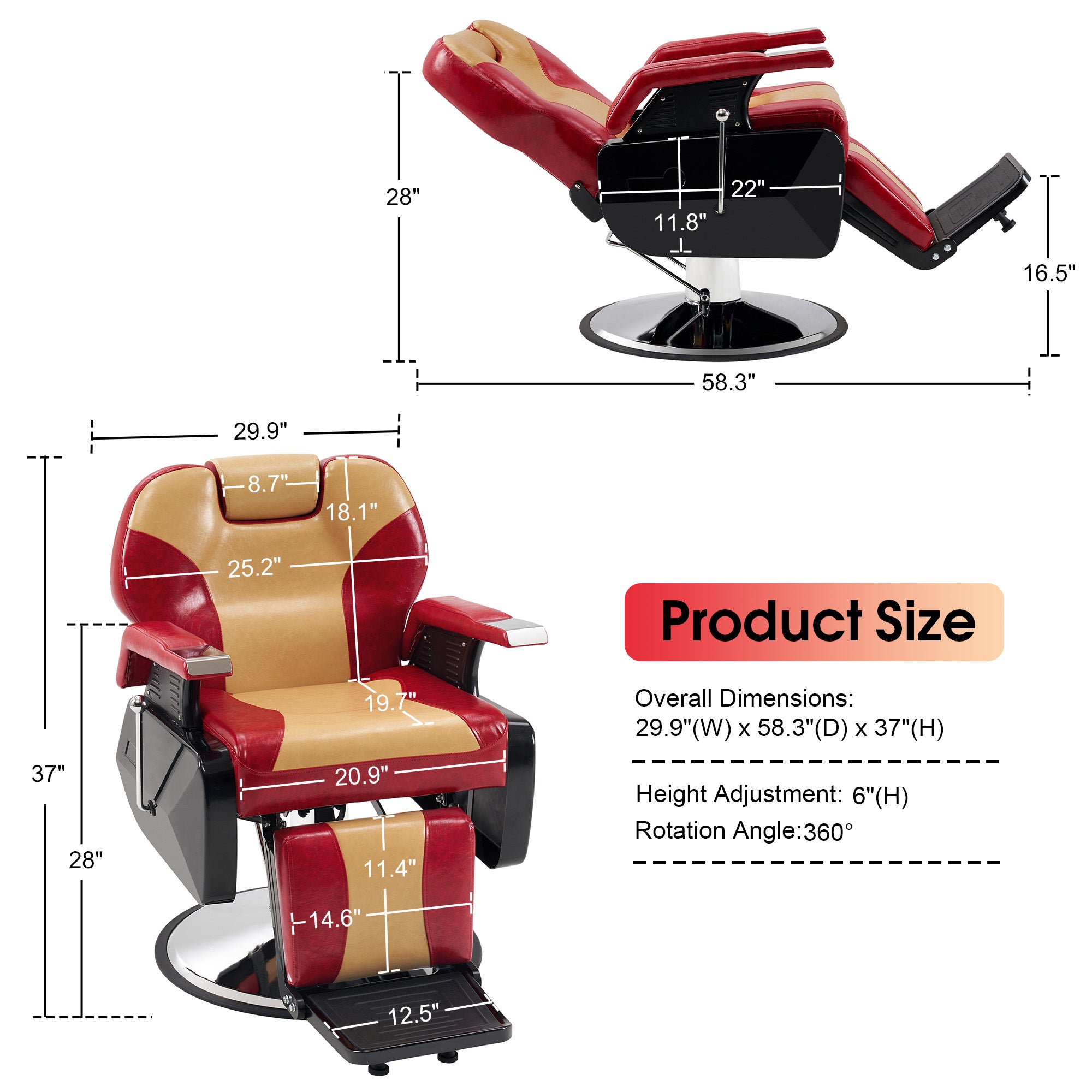 BarberPub Reclining Barber Chair, All Purpose Hydraulic Chair with Headrest 2688