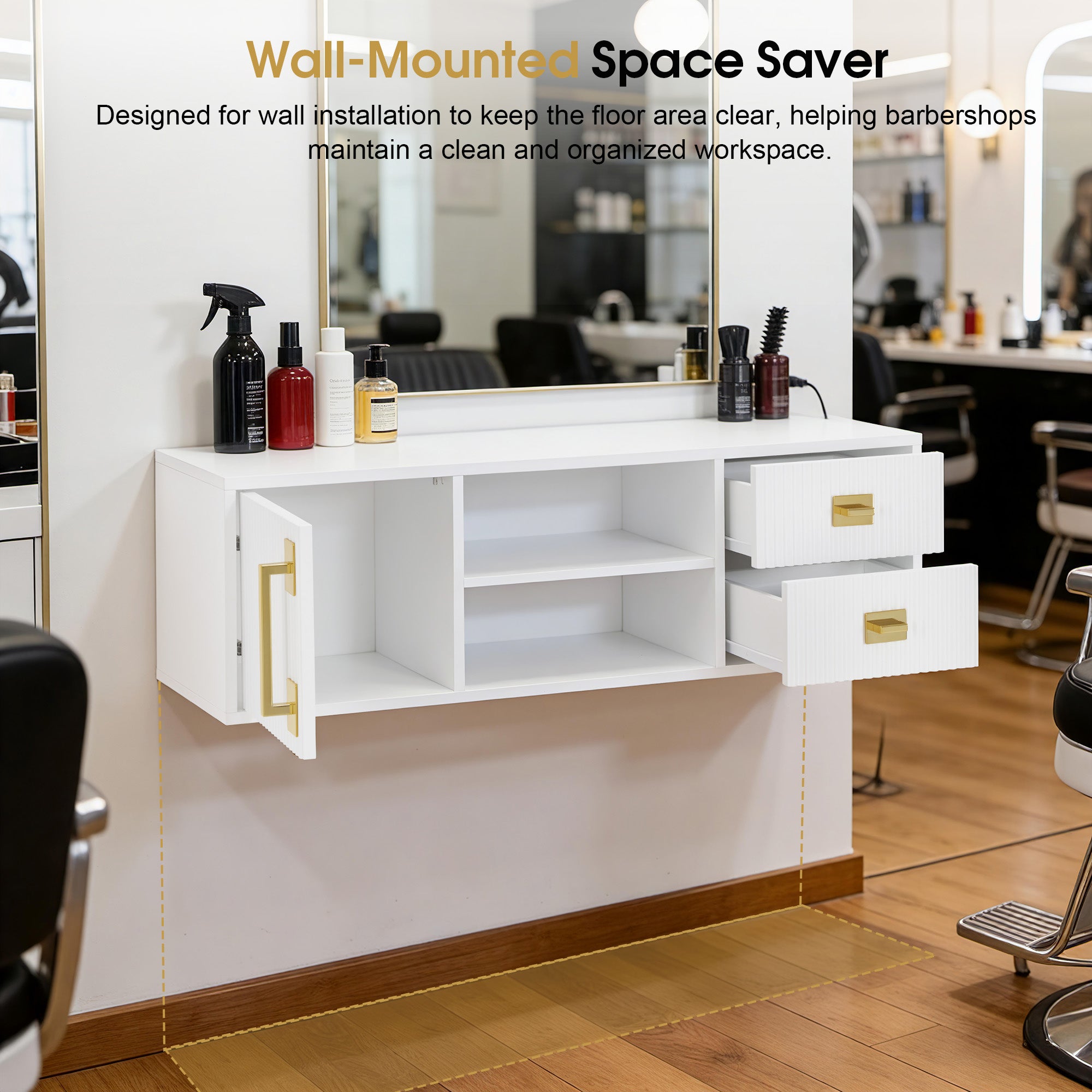 Modern Fluted Wall Mounted Barber Station for Storage, Salon Beauty Cabinet with Golden Handle 2504