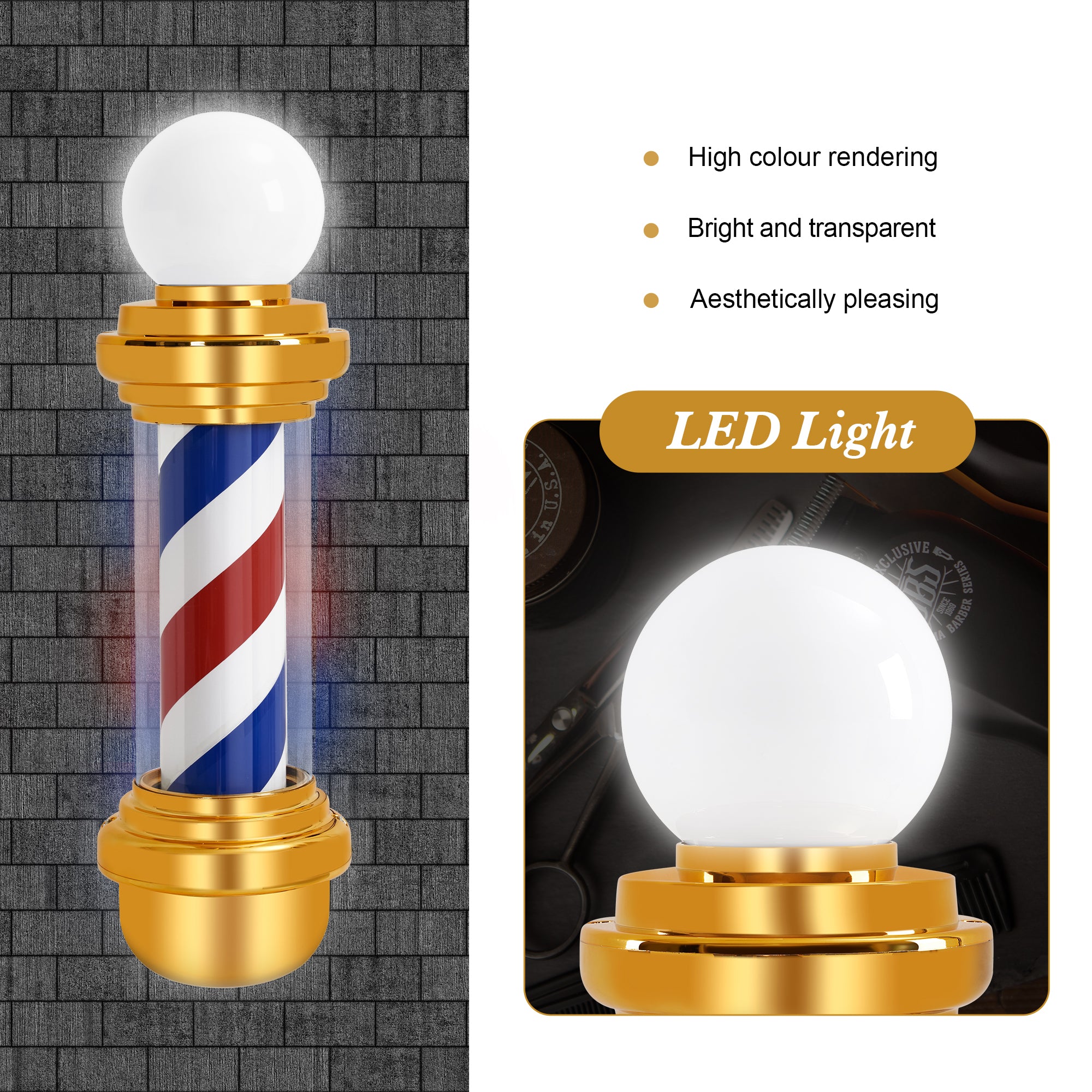 Barber Pole with LED Light for Hairdressing, Salon Shop Open Sign, Salon Spa Stripes Rotating Lamp L018