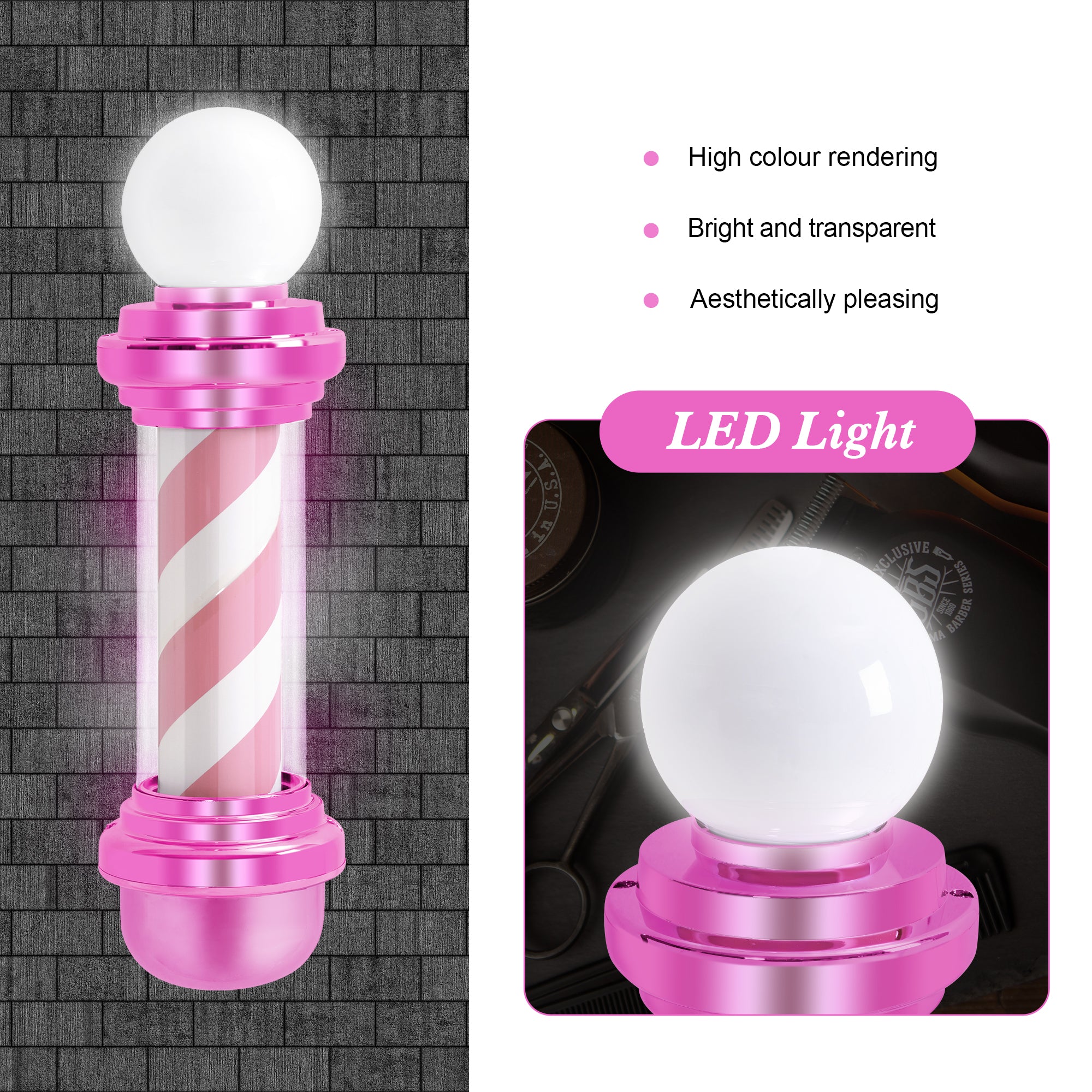 Barber Pole with LED Light for Hairdressing, Salon Shop Open Sign, Salon Spa Stripes Rotating Lamp L018