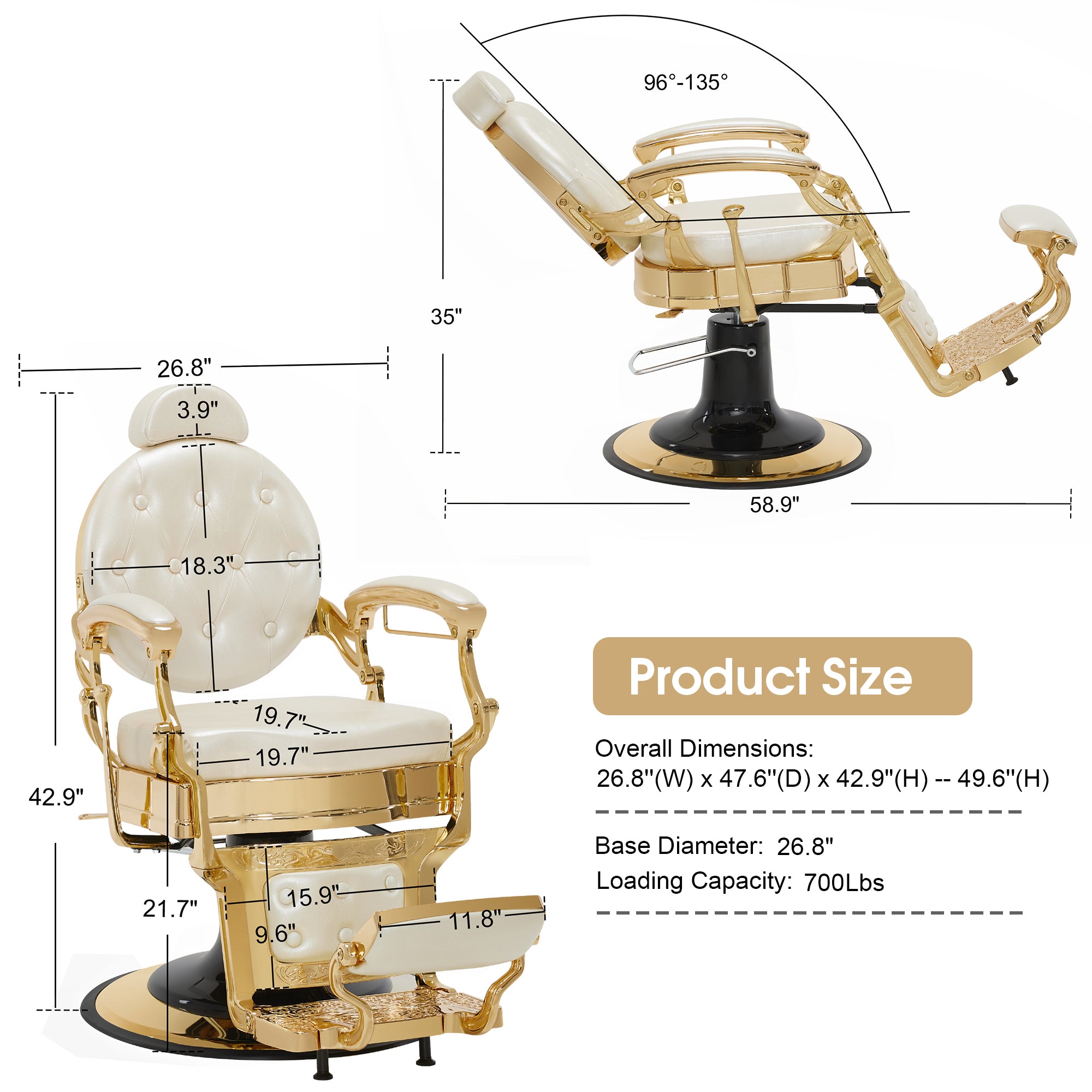BarberPub Heavy Duty Barber Chair,Vintage Reclining Salon Chair for Barbershop 2933
