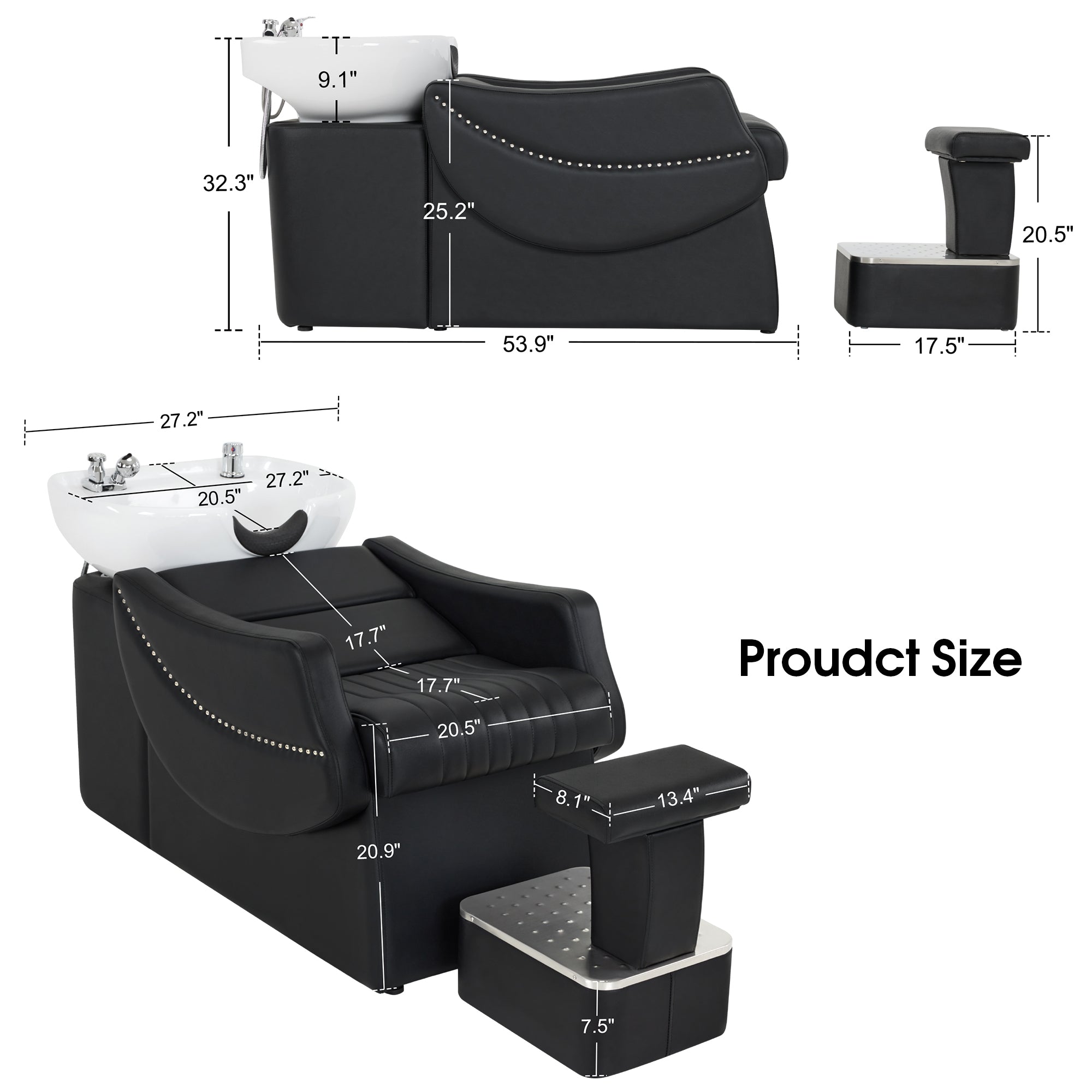 BarberPub Shampoo Backwash Station Chair, Ceramic Shampoo Bowl For Home Salon, Barbershop 9115