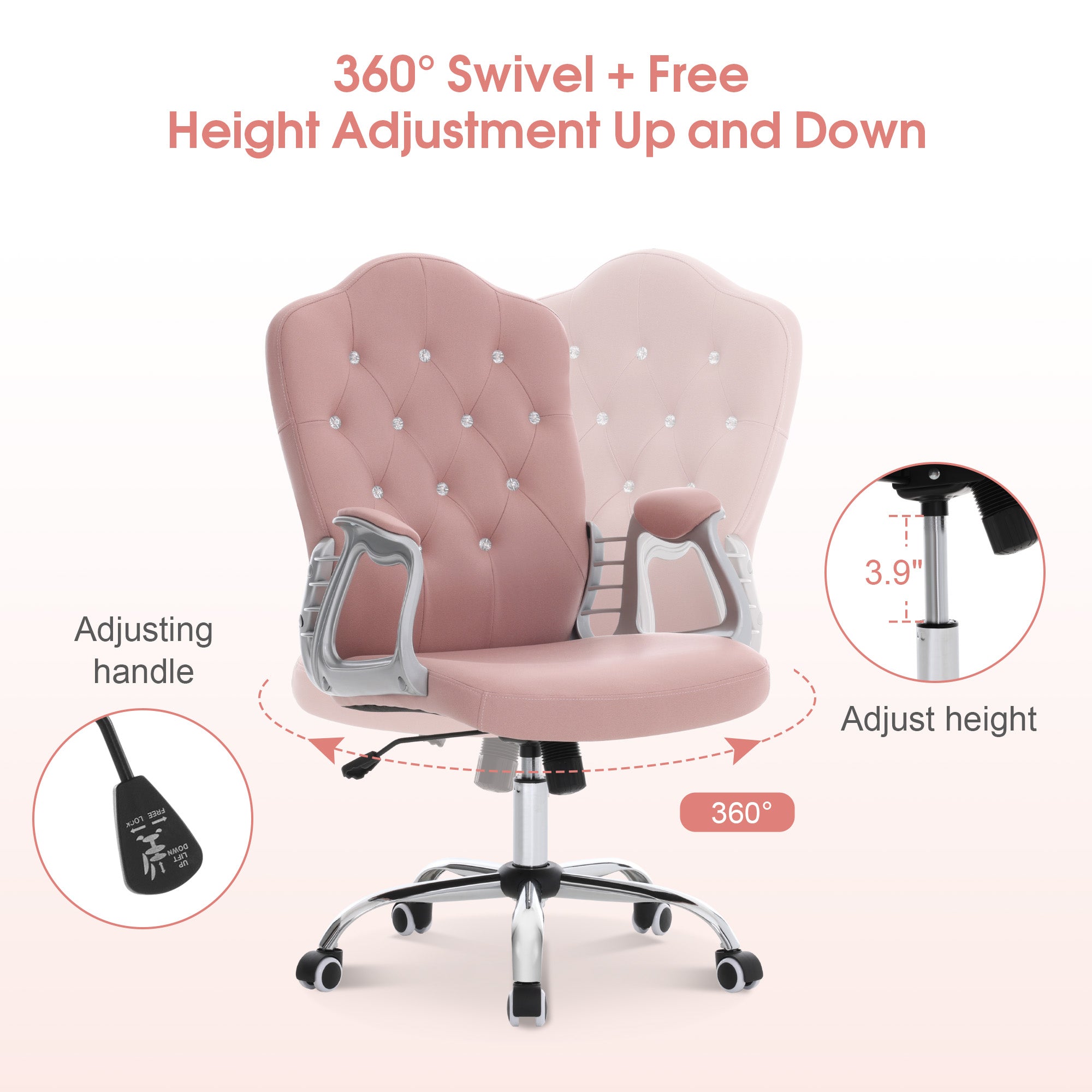 Height Adjustable Lumbar Support Nail Work Chair, Cute Swivel Rolling Makeup Chair 3535