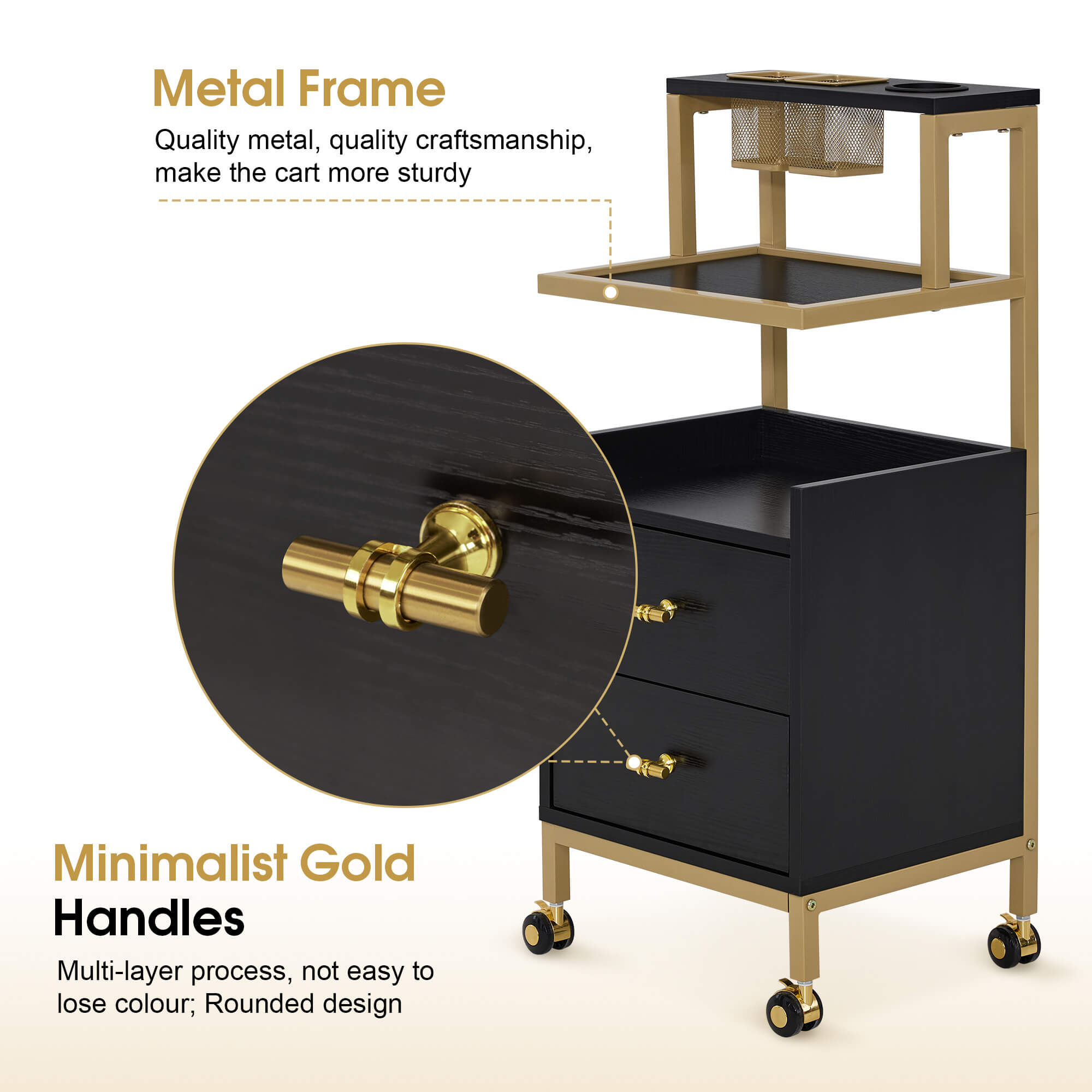 Beauty Salon Trolley with Tool Holders & Wheels, SPA Barber Rolling Cart with Metal Frame 2084