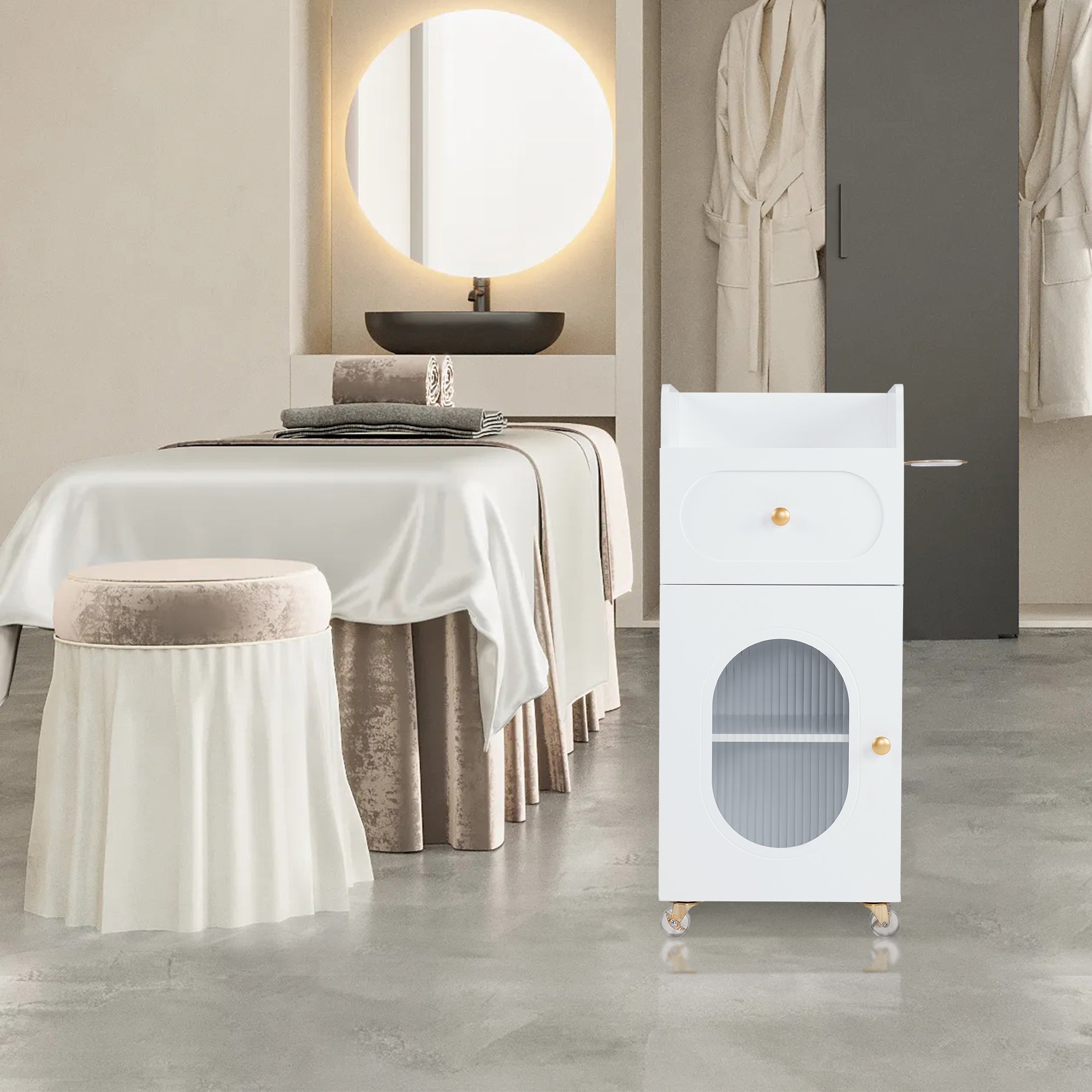 Salon Rolling Trolley Cart with Oval Window, Barber Styling Cart with White Paint Finish 2498