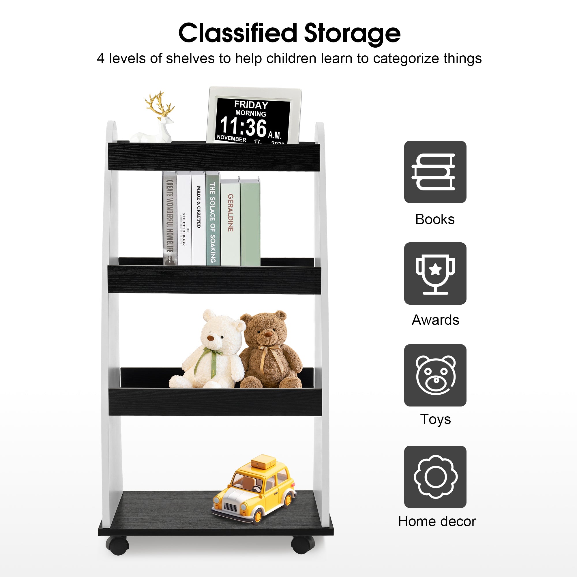4-Tier Kids Bookshelf Rolling Cart for Storage, Children's Bookcases Organizer 2030