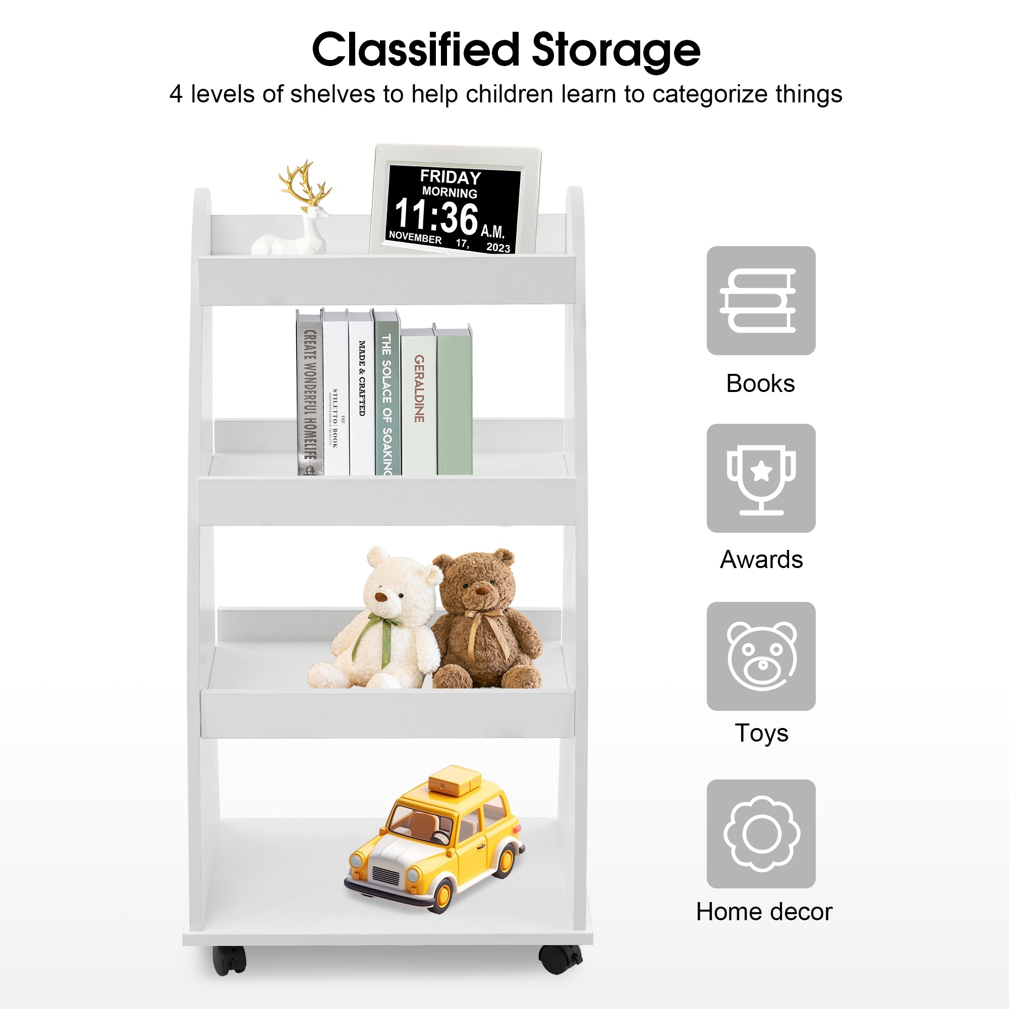 4-Tier Kids Bookshelf Rolling Cart for Storage, Children's Bookcases Organizer 2030