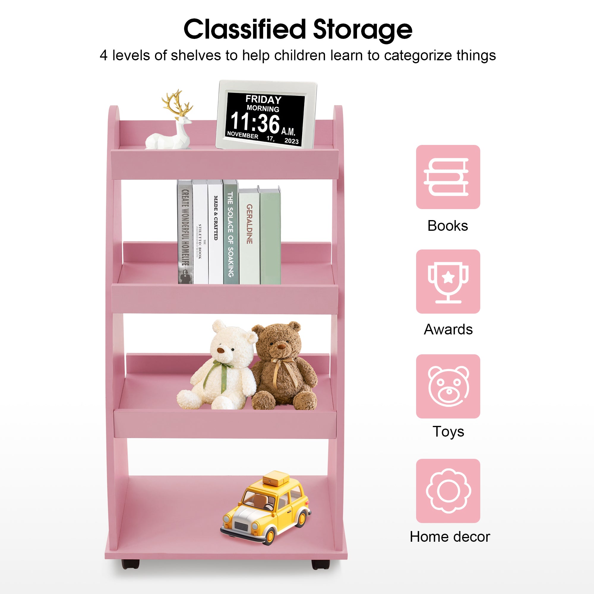 4-Tier Kids Bookshelf Rolling Cart for Storage, Children's Bookcases Organizer 2030
