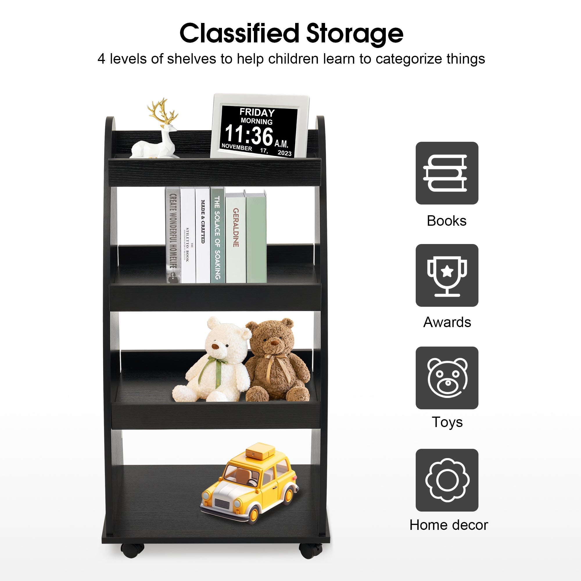 4-Tier Kids Bookshelf Rolling Cart for Storage, Children's Bookcases Organizer 2030