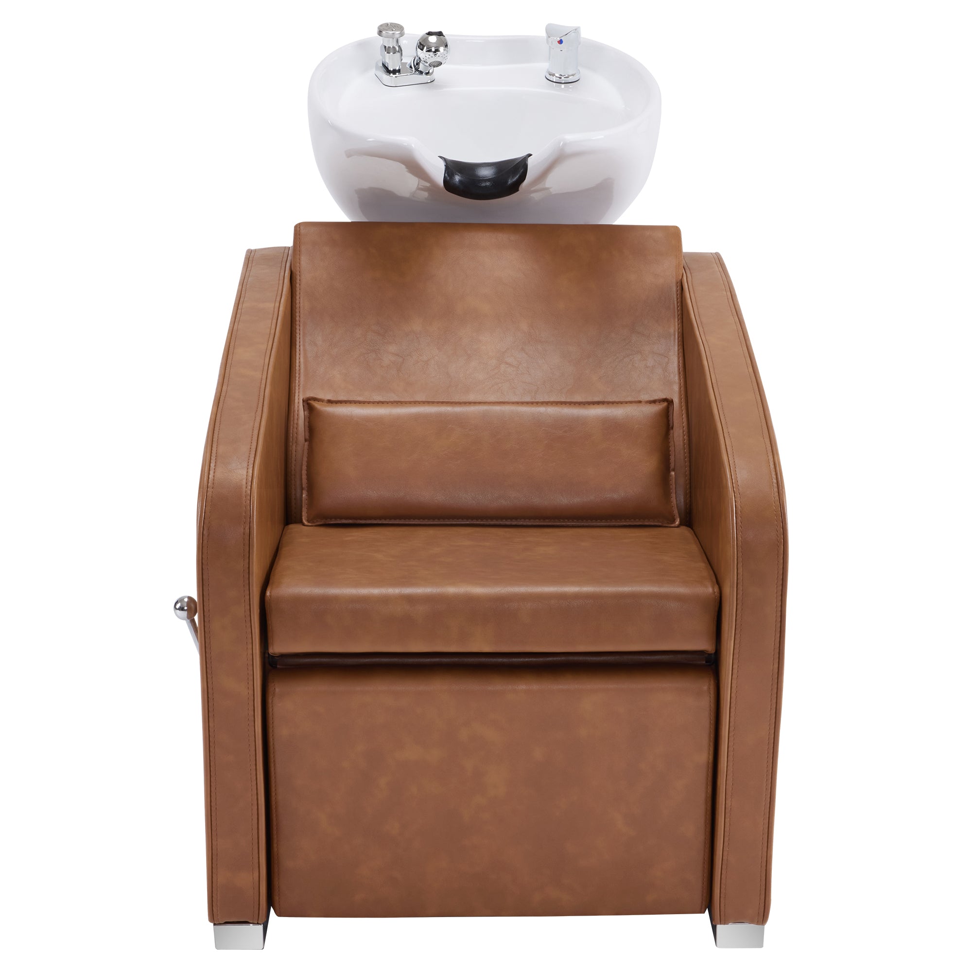BarberPub Salon Chair 3802 & Backwash Shampoo Chair 9370 Set – Brown Hydraulic Barber Styling Chair with Ceramic Hair Wash Bowl