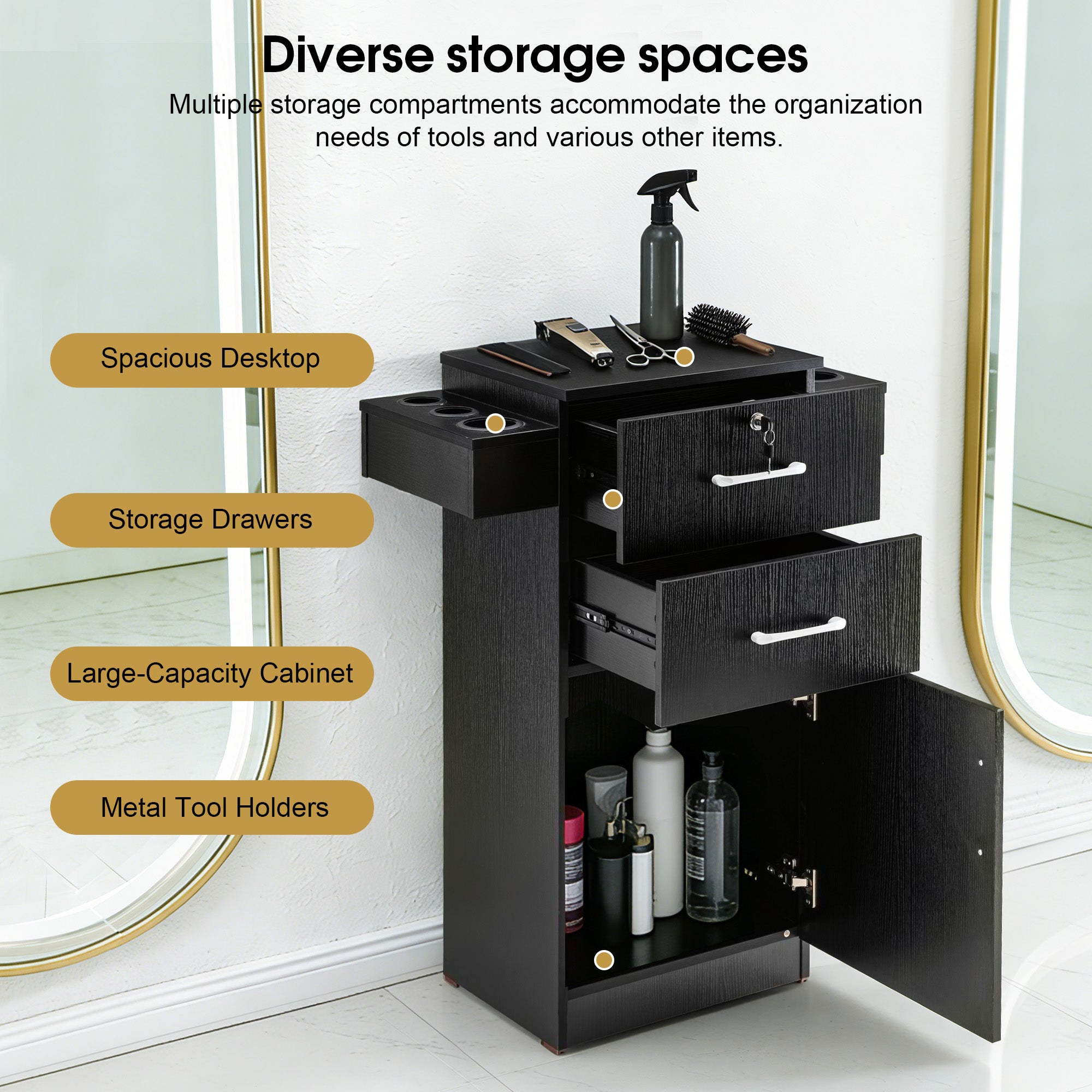 Modern Salon Station with Lockable Drawer & Cabinet, Storage Barber Cabinet for Hair Salon 2021