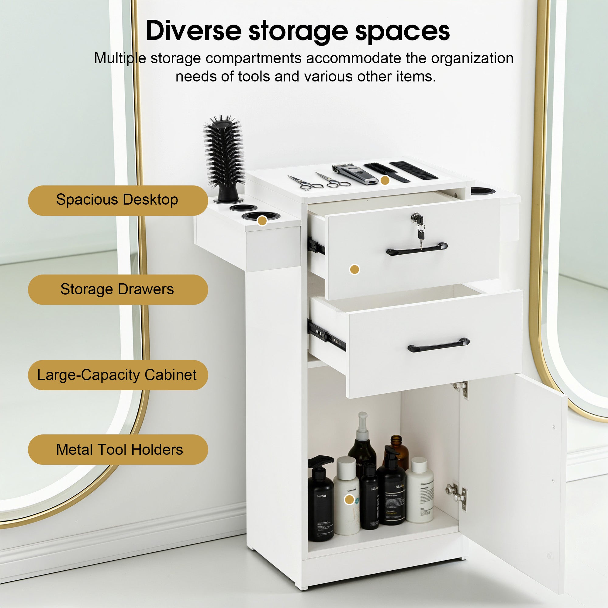 Modern Salon Station with Lockable Drawer & Cabinet, Storage Barber Cabinet for Hair Salon 2021