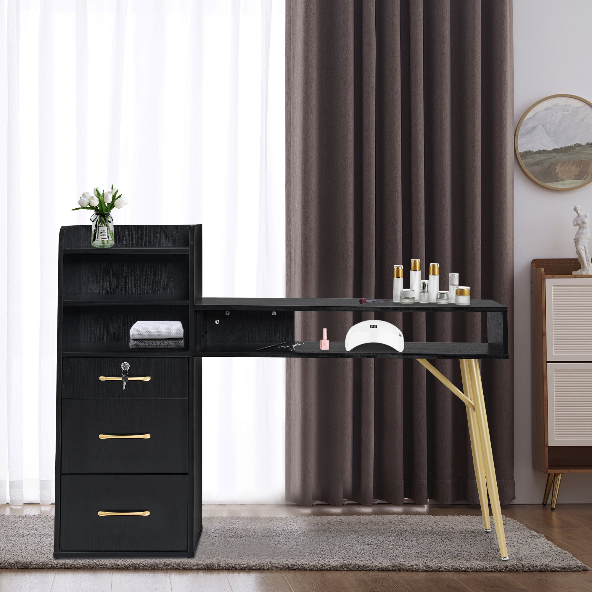 Manicure Table with Open Space & Shelves, Beauty Nail Desk with Lockable Drawer 2605