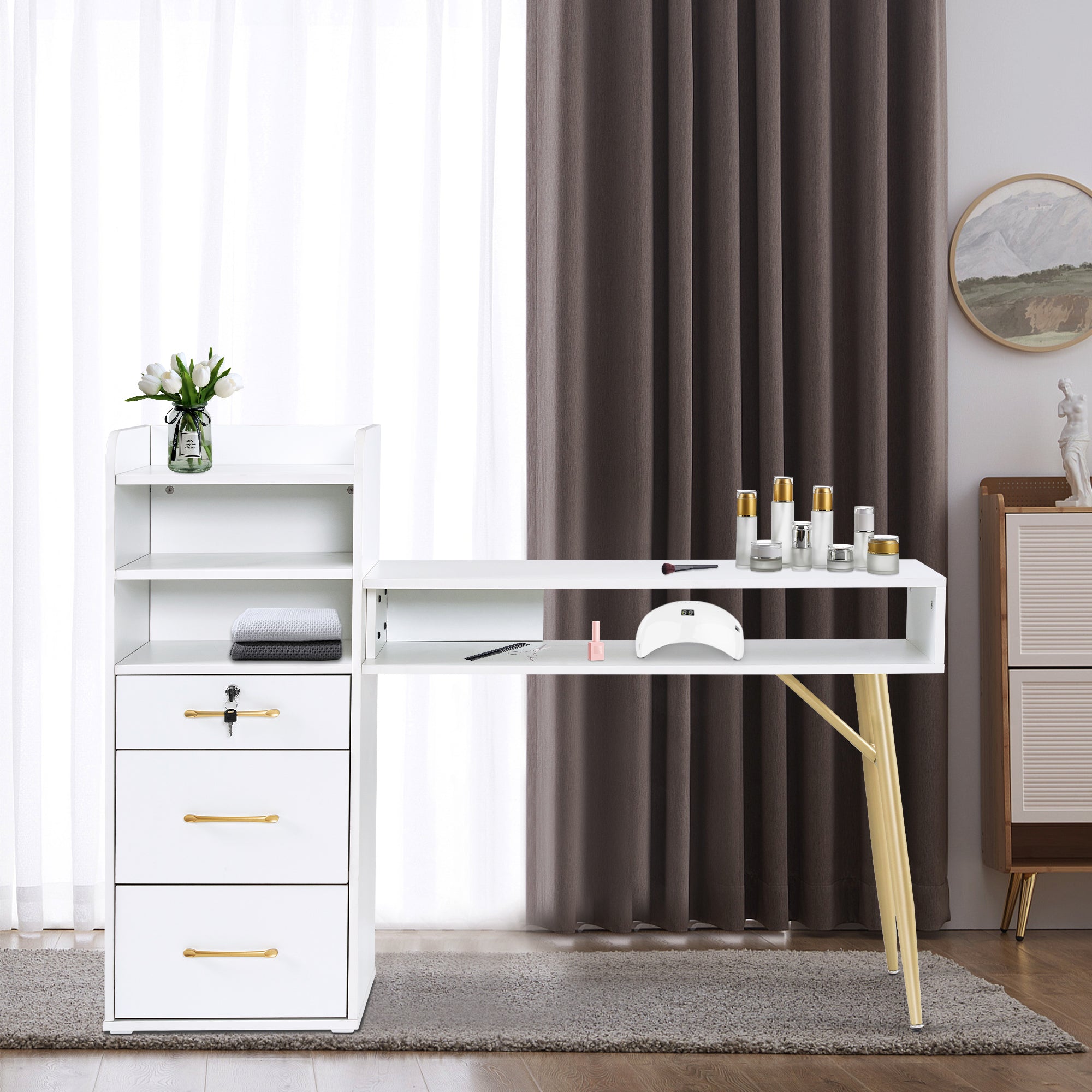 Manicure Table with Open Space & Shelves, Beauty Nail Desk with Lockable Drawer 2605