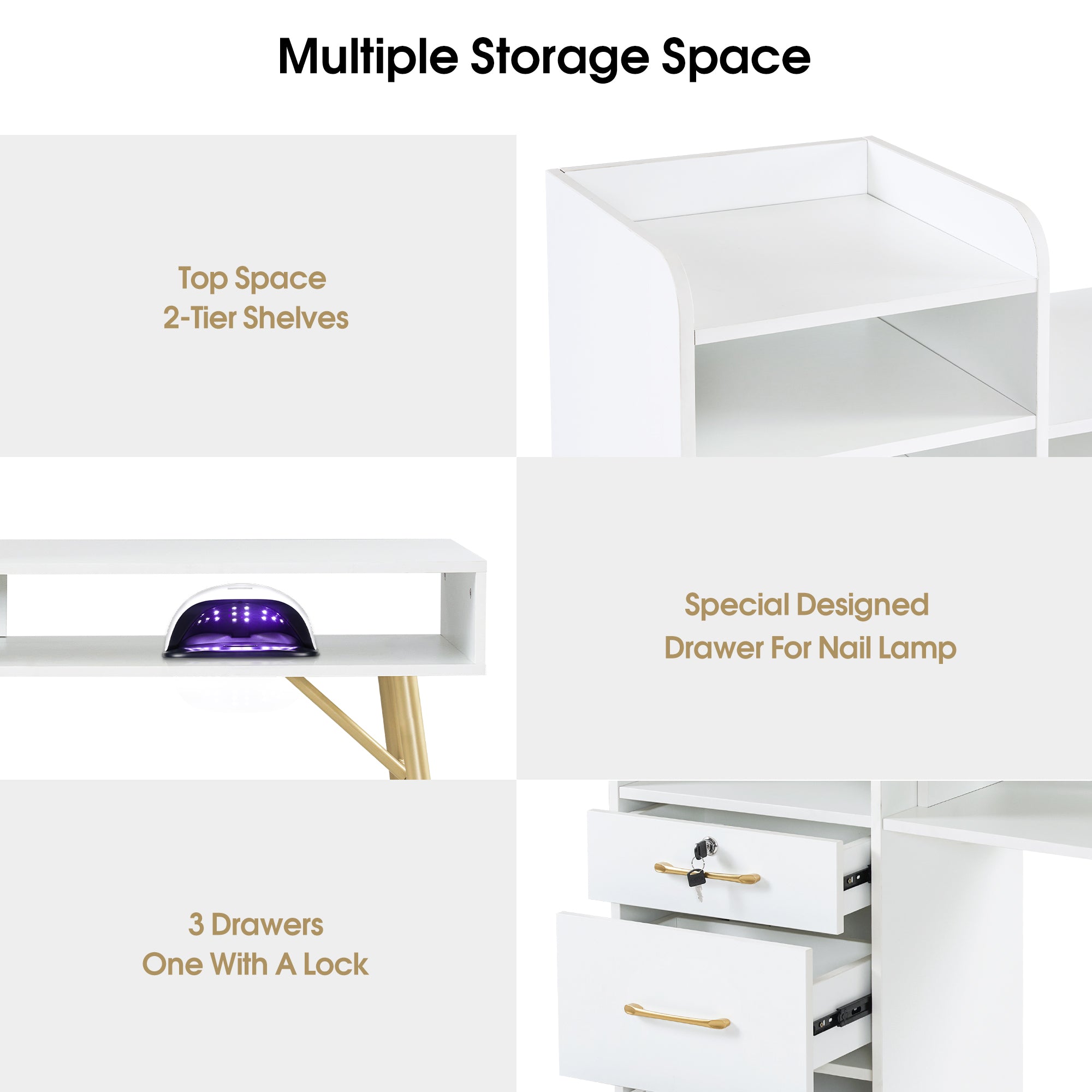 Manicure Table with Open Space & Shelves, Beauty Nail Desk with Lockable Drawer 2605