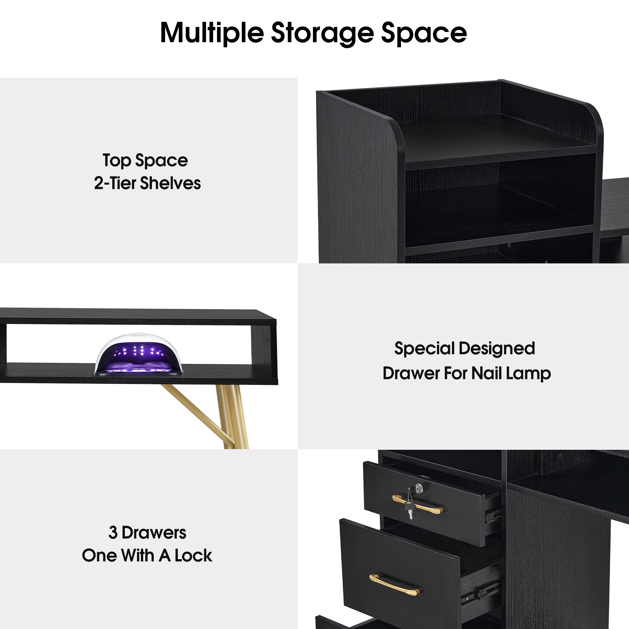 Manicure Table with Open Space & Shelves, Beauty Nail Desk with Lockable Drawer 2605