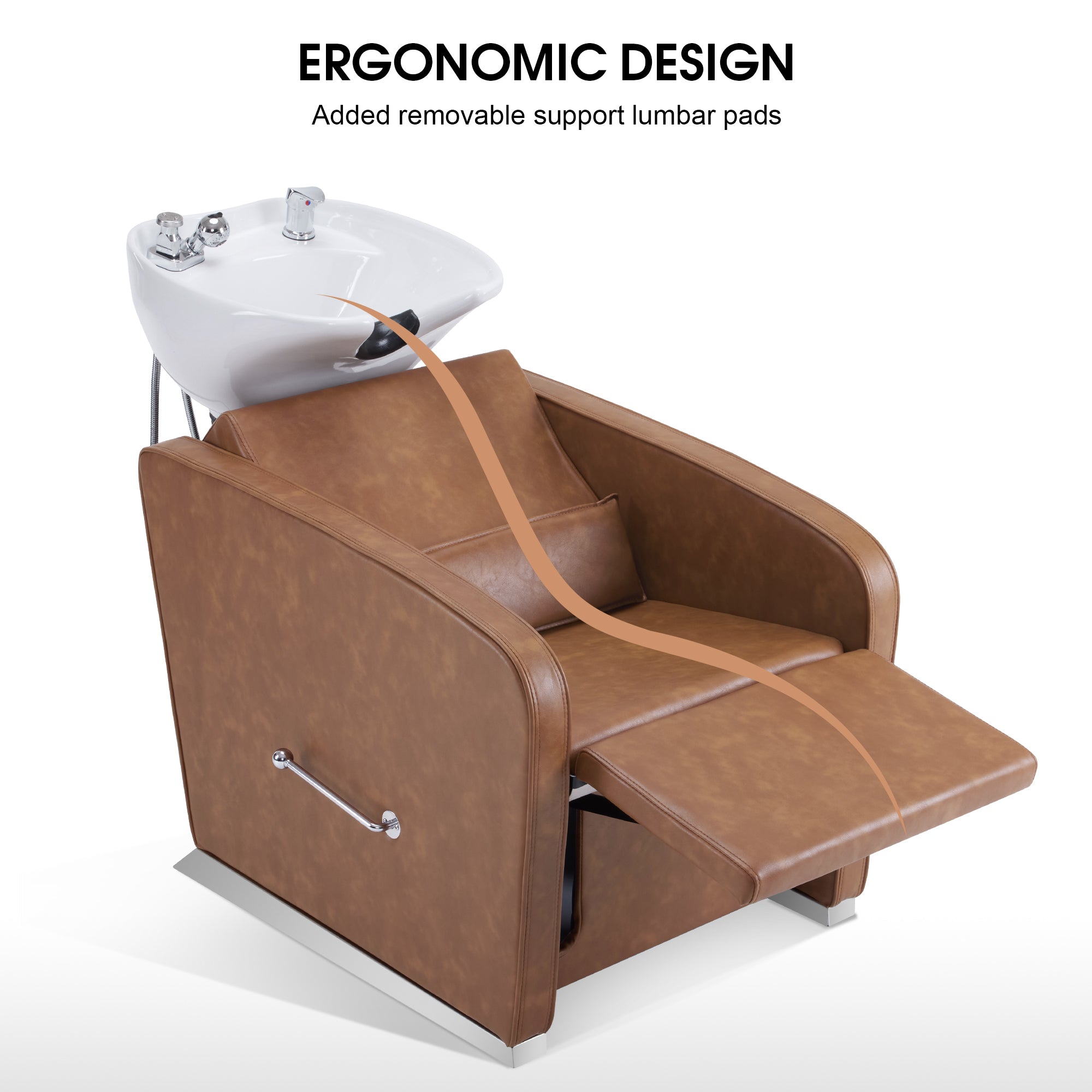 BarberPub Salon Chair 3802 & Backwash Shampoo Chair 9370 Set – Brown Hydraulic Barber Styling Chair with Ceramic Hair Wash Bowl