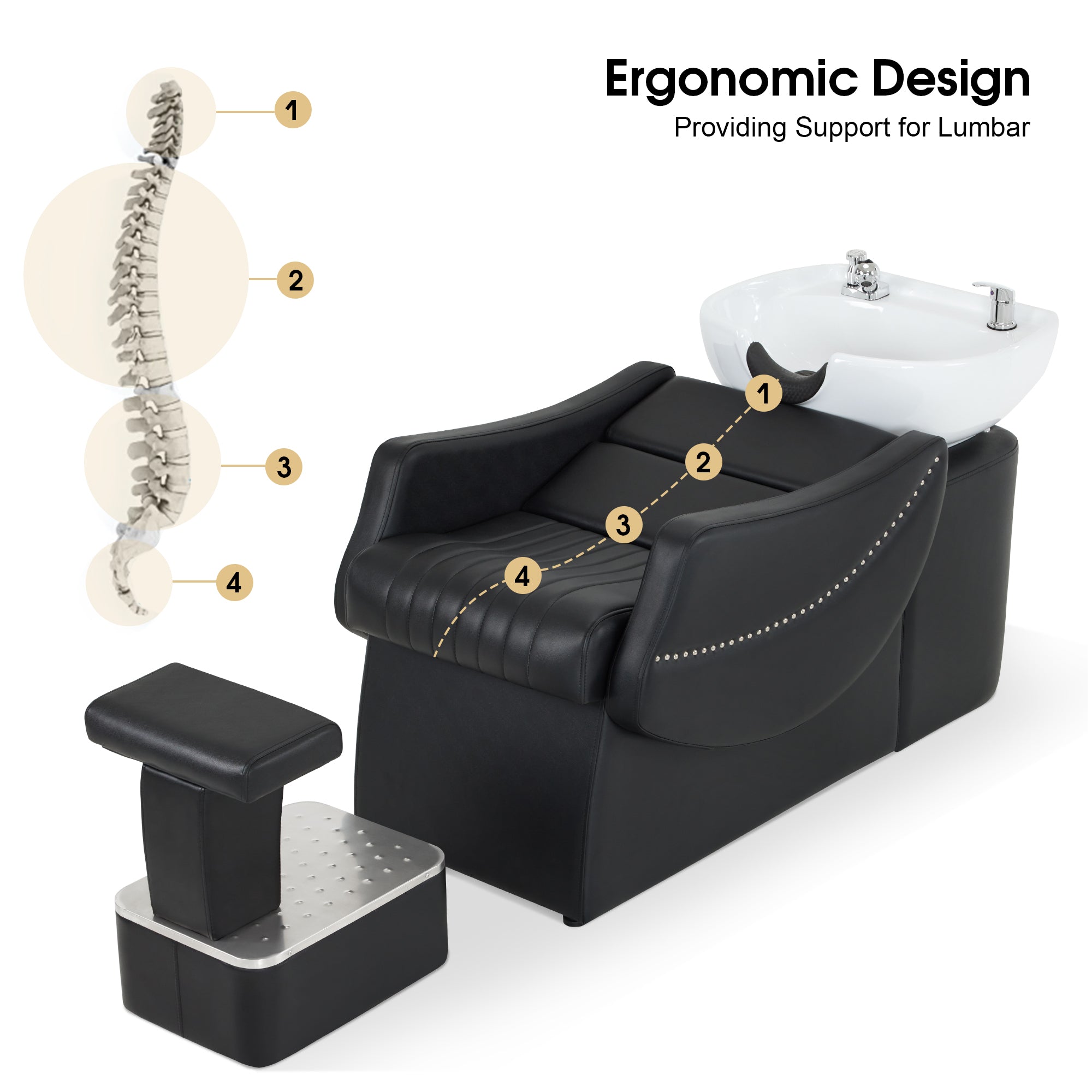 BarberPub Shampoo Backwash Station Chair, Ceramic Shampoo Bowl For Home Salon, Barbershop 9115