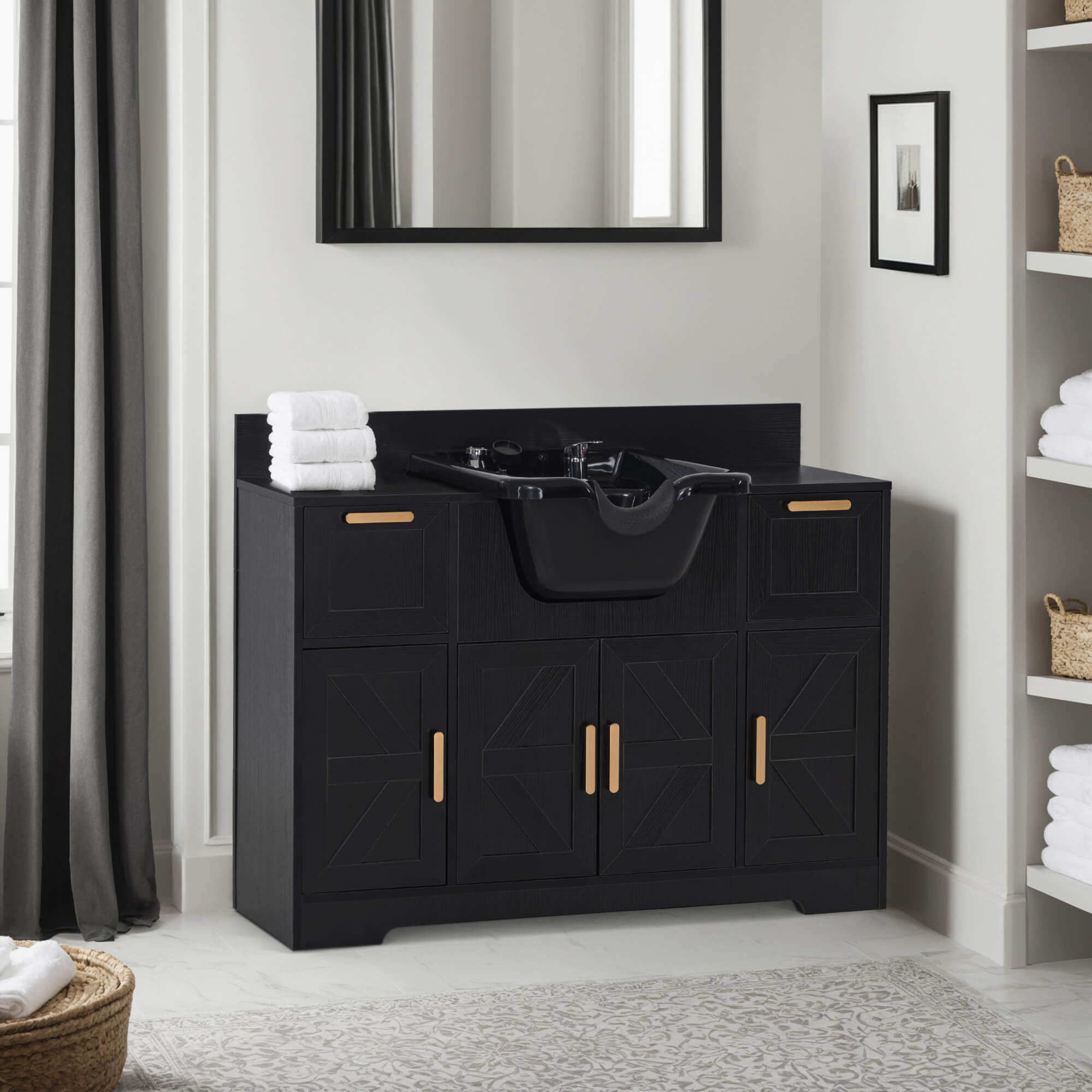 Barber Shampoo Storage Station, Hair Salon Shampoo Equipment with Backwash Sink & Cabinet 7137