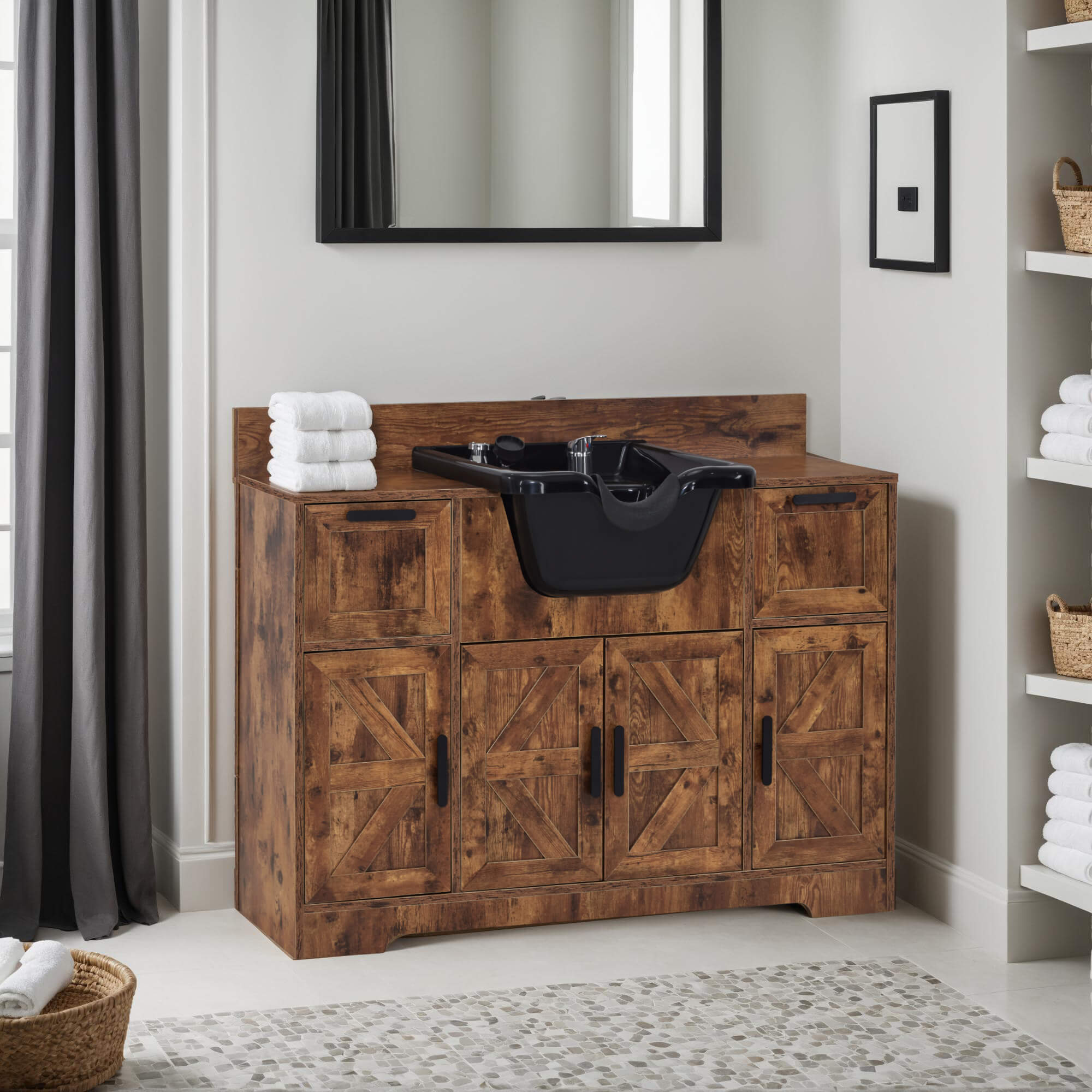 Barber Shampoo Storage Station, Hair Salon Shampoo Equipment with Backwash Sink & Cabinet 7137