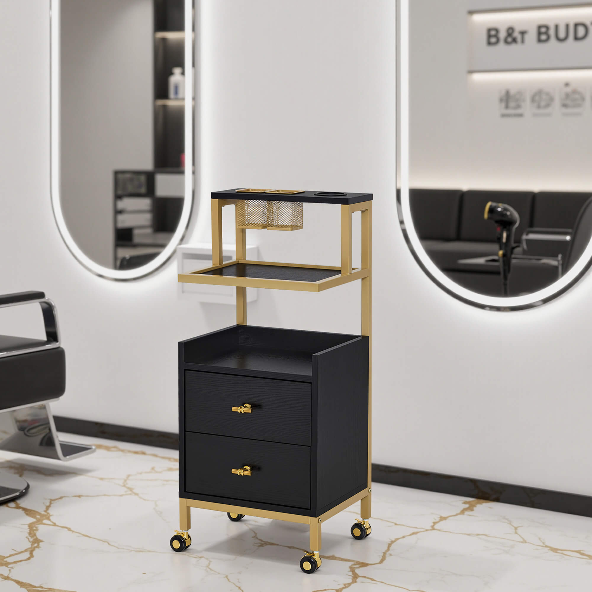 Beauty Salon Trolley with Tool Holders & Wheels, SPA Barber Rolling Cart with Metal Frame 2084