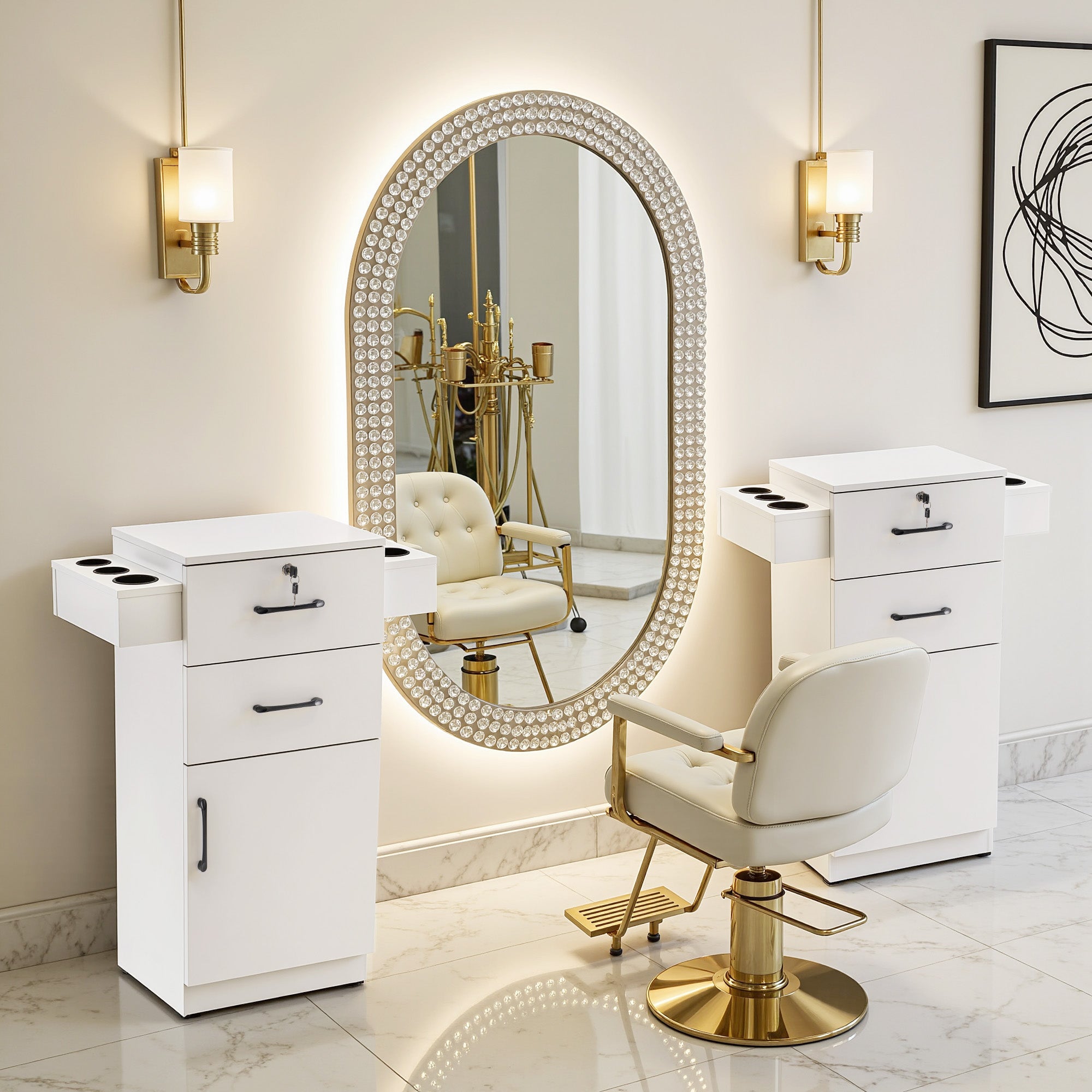 Modern Salon Station with Lockable Drawer & Cabinet, Storage Barber Cabinet for Hair Salon 2021