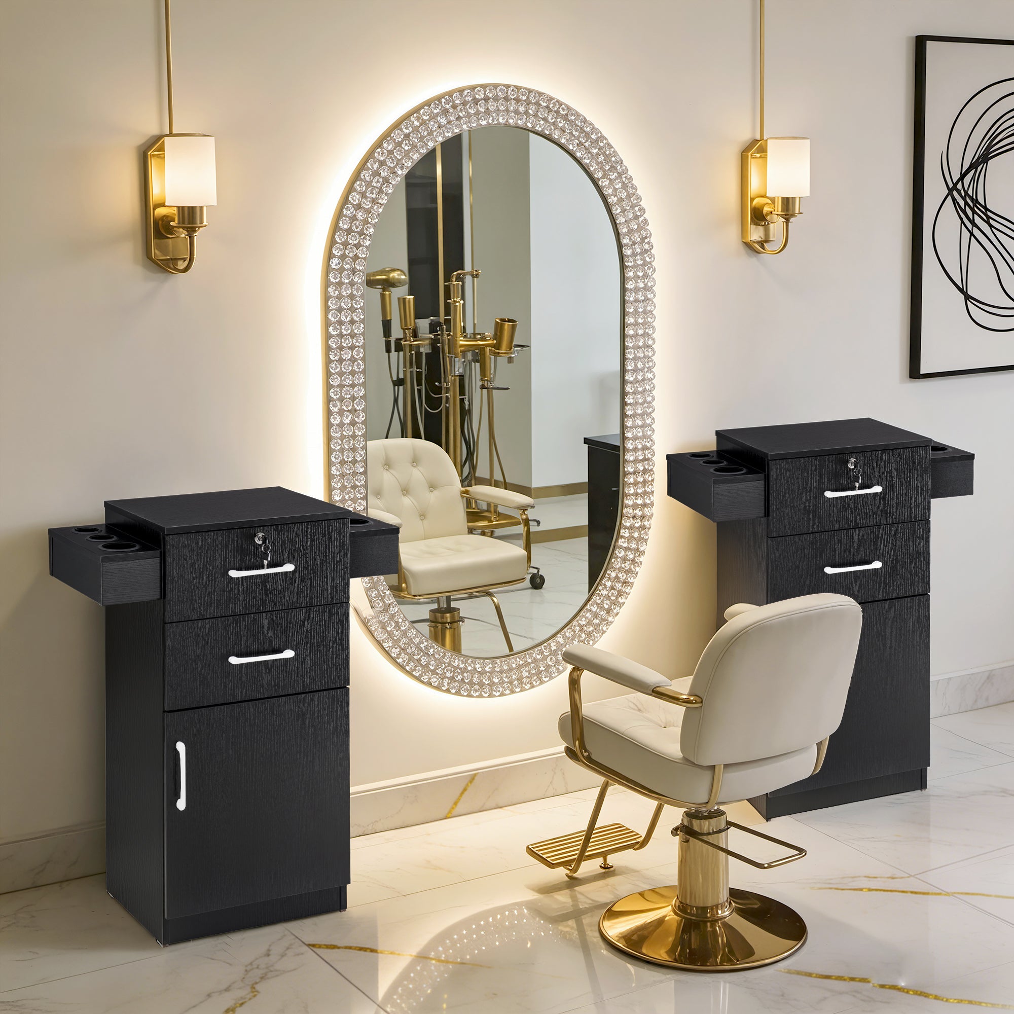 Modern Salon Station with Lockable Drawer & Cabinet, Storage Barber Cabinet for Hair Salon 2021