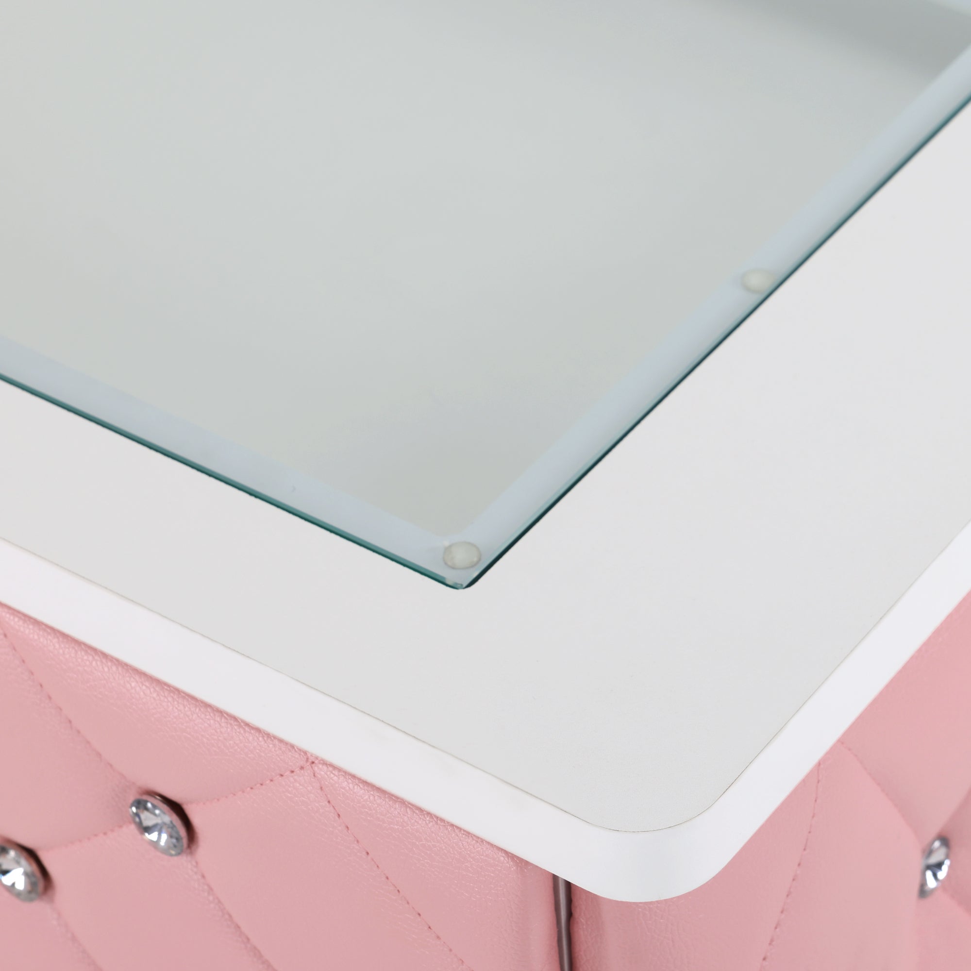 Glass-Top Nail Desk with Storage Drawer & Leather Padding, Beauty Manicure Station 2675