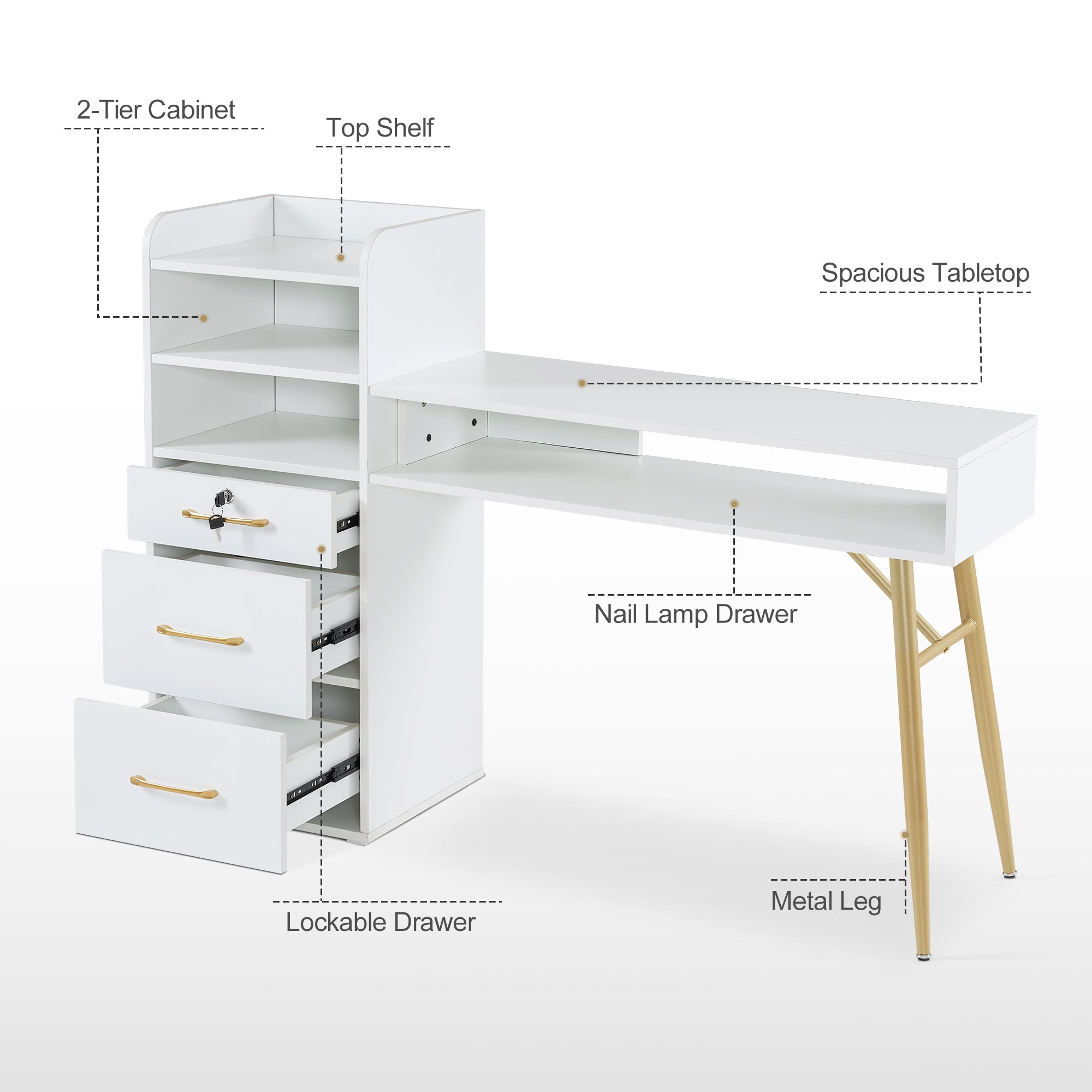 Manicure Table with Open Space & Shelves, Beauty Nail Desk with Lockable Drawer 2605