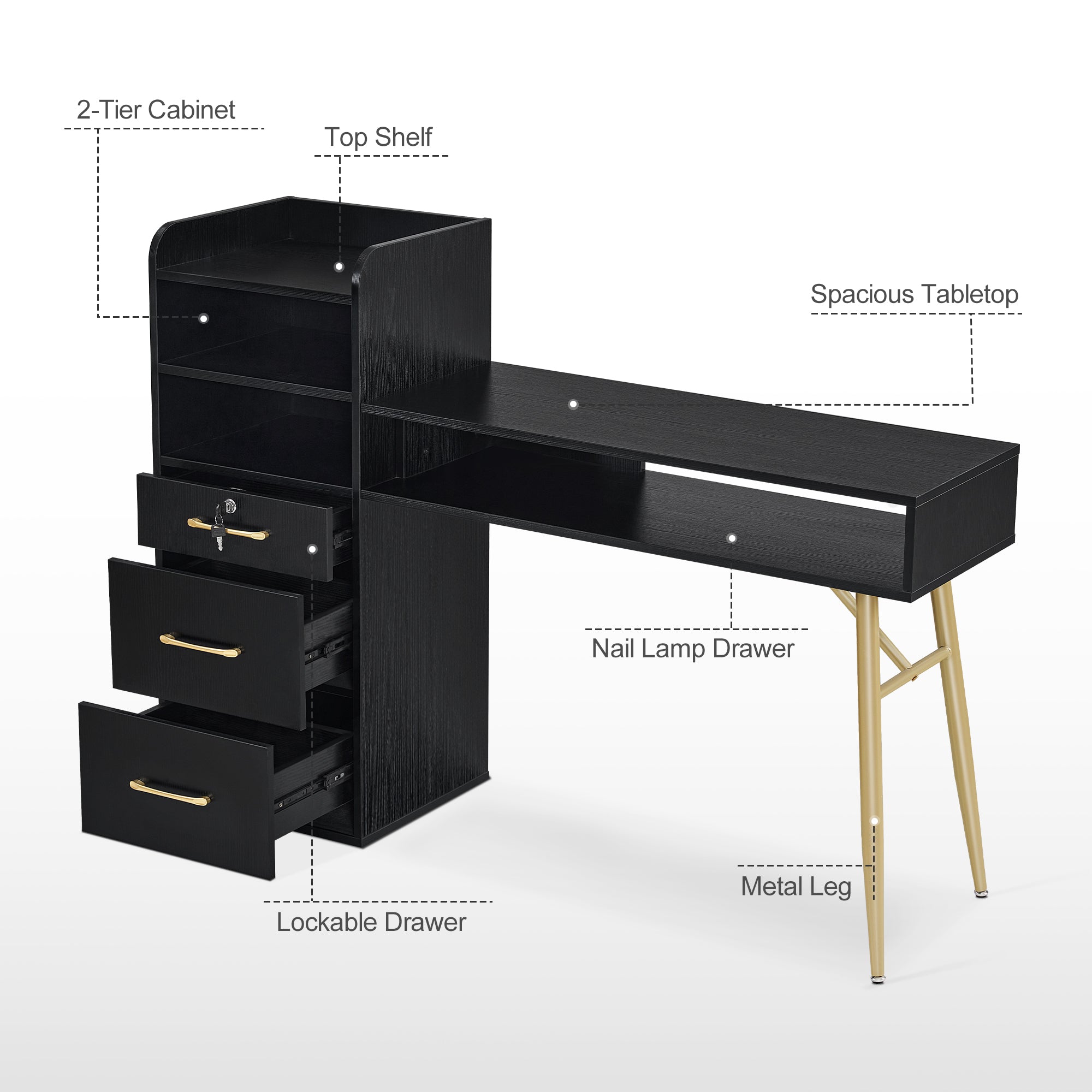 Manicure Table with Open Space & Shelves, Beauty Nail Desk with Lockable Drawer 2605