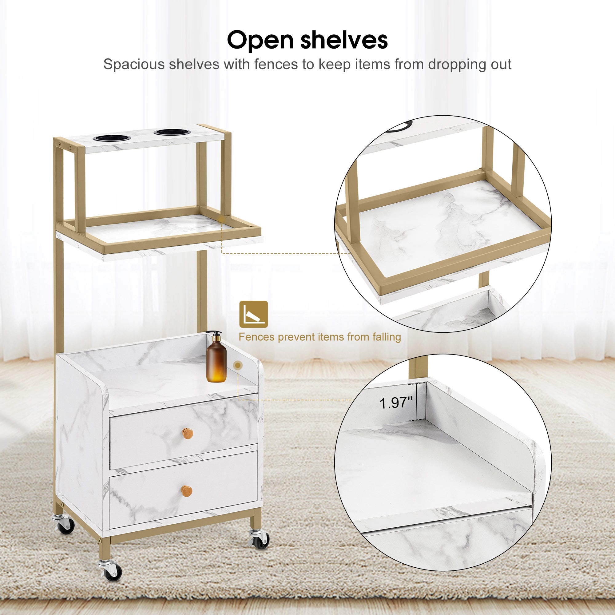 BarberPub Salon Trolley with Wheels Rolling Barber Cart with Tool Holders 2044