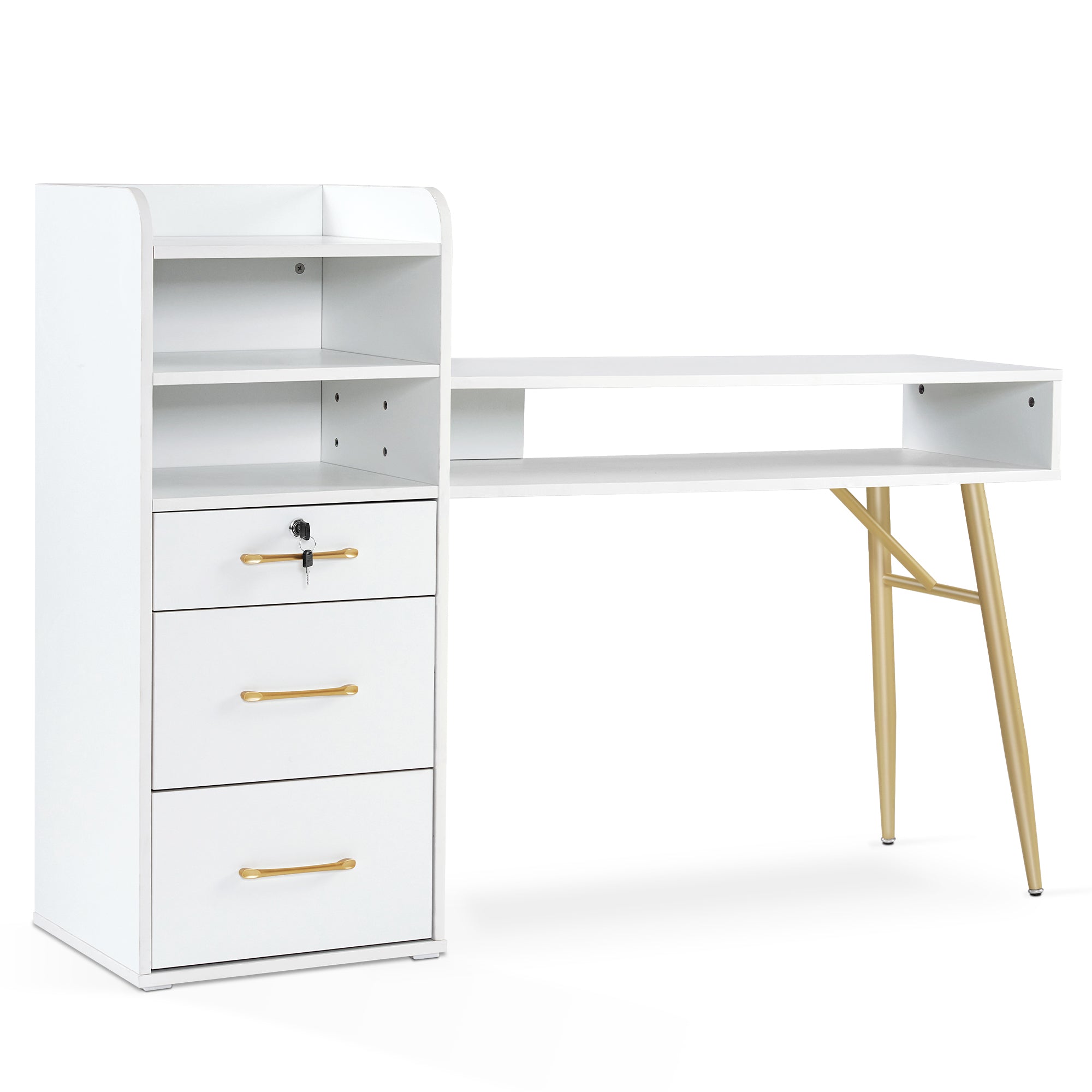 Manicure Table with Open Space & Shelves, Beauty Nail Desk with Lockable Drawer 2605