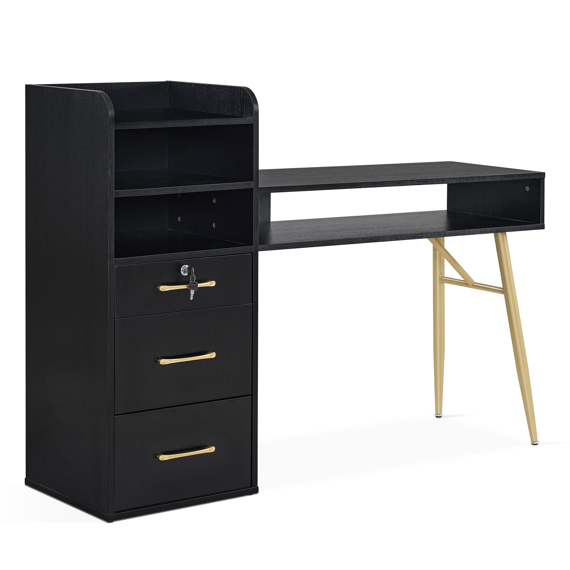 Manicure Table with Open Space & Shelves, Beauty Nail Desk with Lockable Drawer 2605