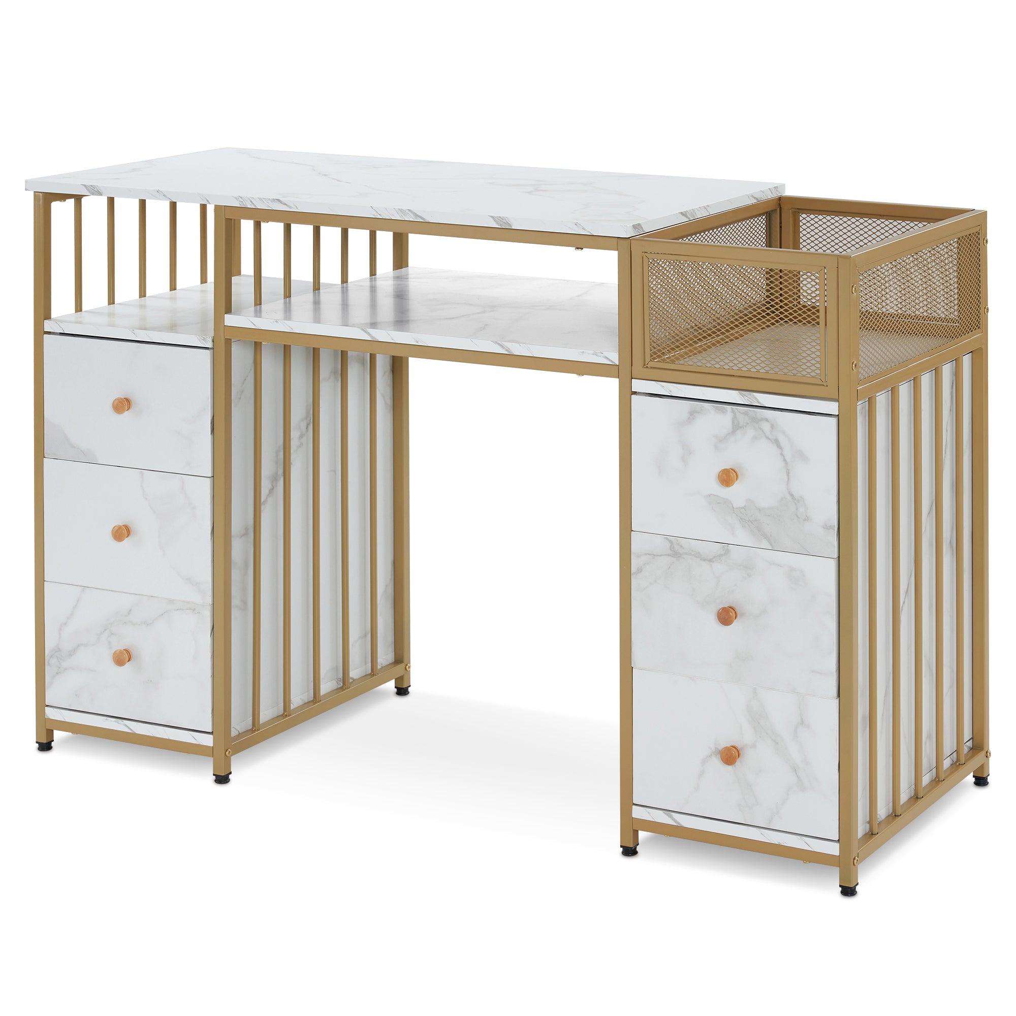 Marbling Nail Tech Desk with Metal Frame, Manicure Beauty Storage Organizer with Drawers 2425