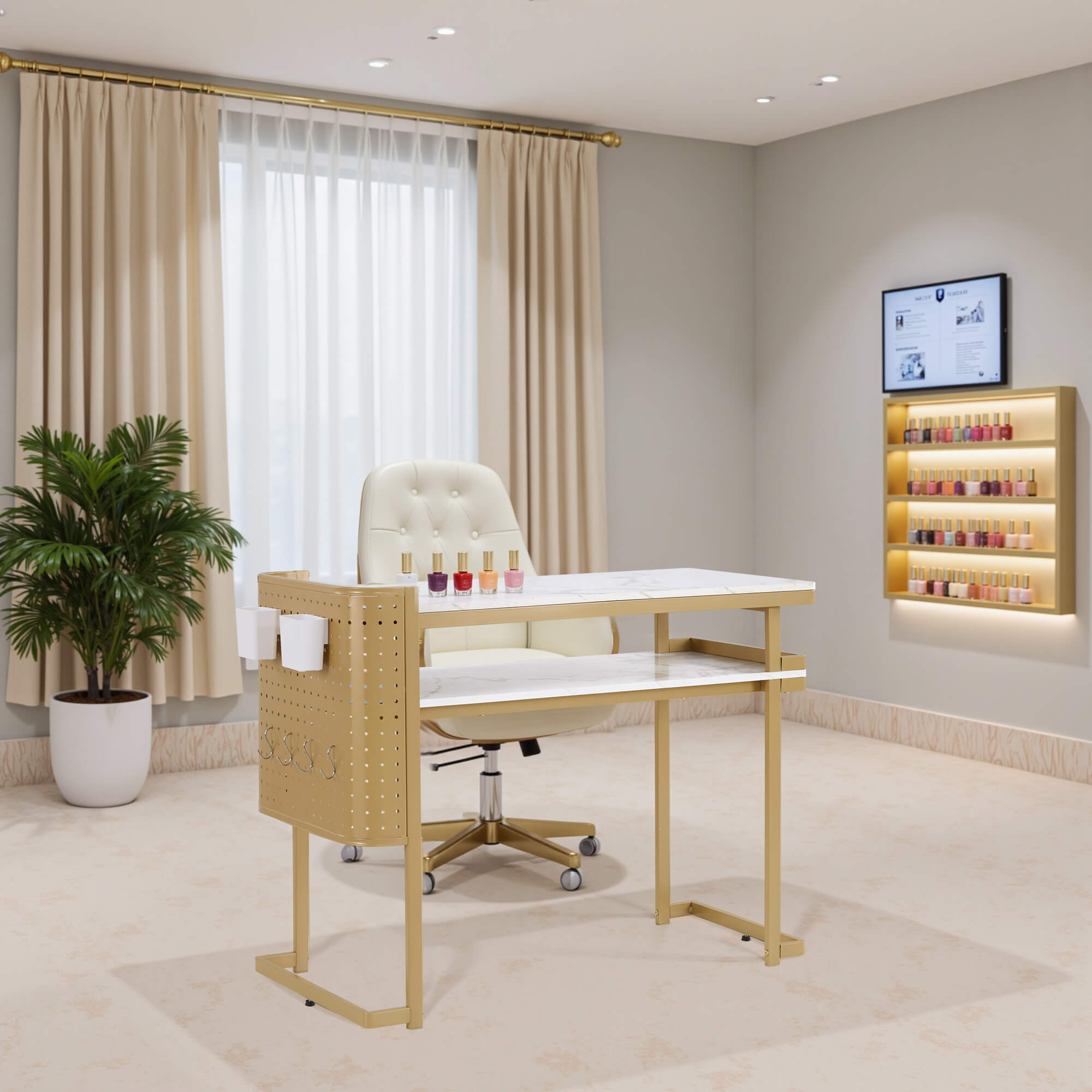 Nail Art Desk with Built-in Power Outlets & Pegboard Panel, Marbling Texture Manicure Table 2416