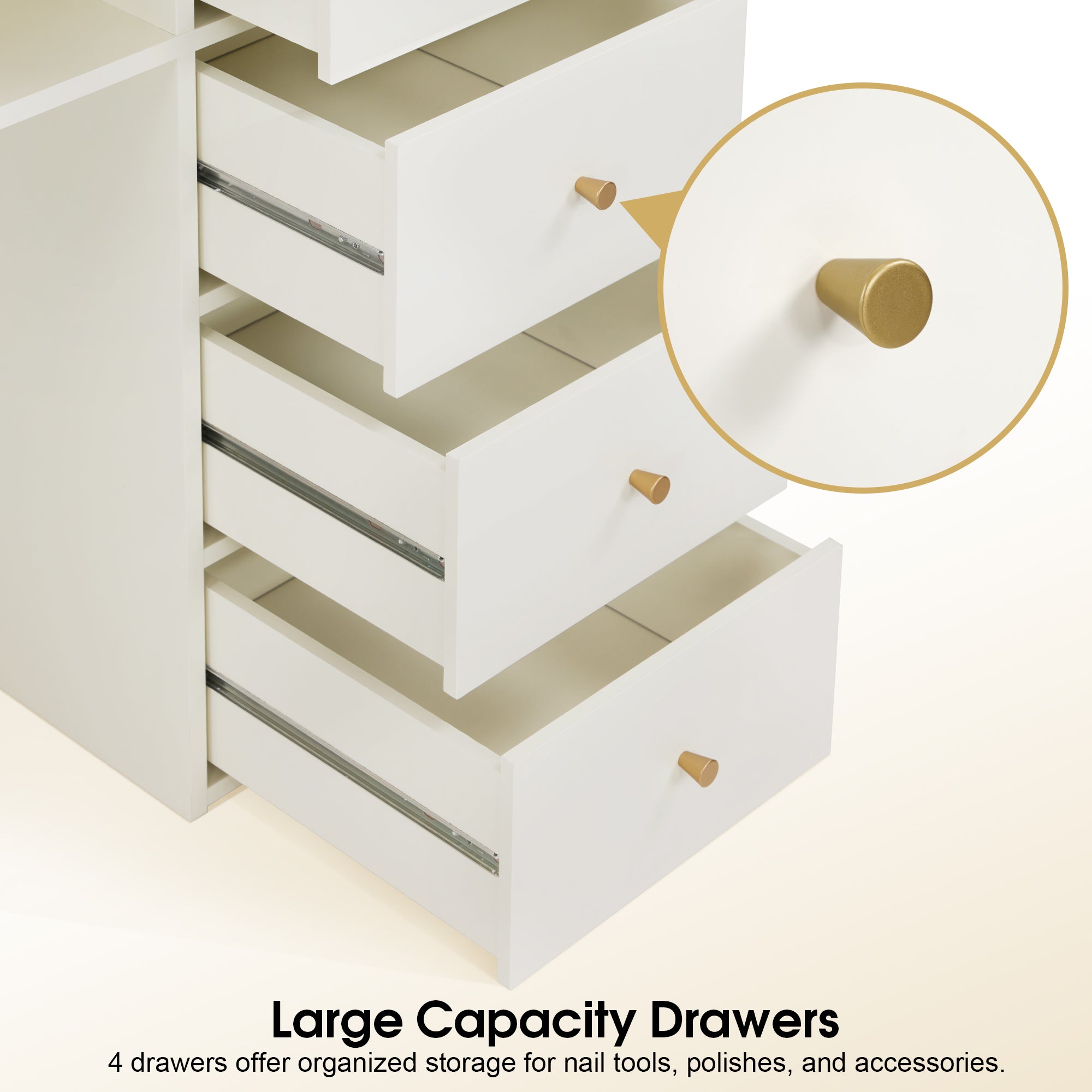 Cream White Nail Tech Desk with Built-In Storage, AC Outlets & USB Ports, Modern Manicure Equipment 2993