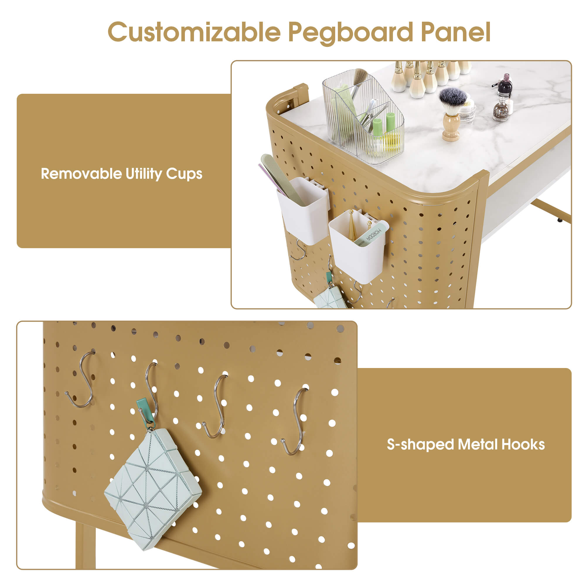 Nail Art Desk with Built-in Power Outlets & Pegboard Panel, Marbling Texture Manicure Table 2416